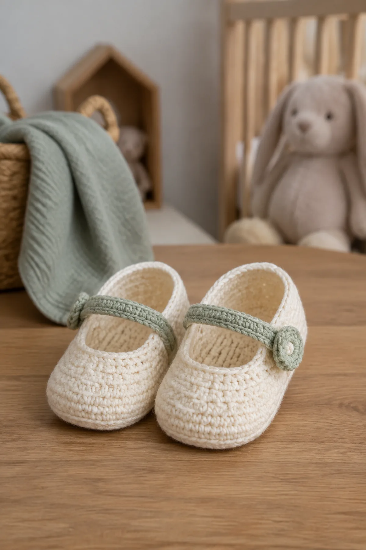 Finished crochet mary jane baby shoes styled in a calm bright nursery setting without a baby present