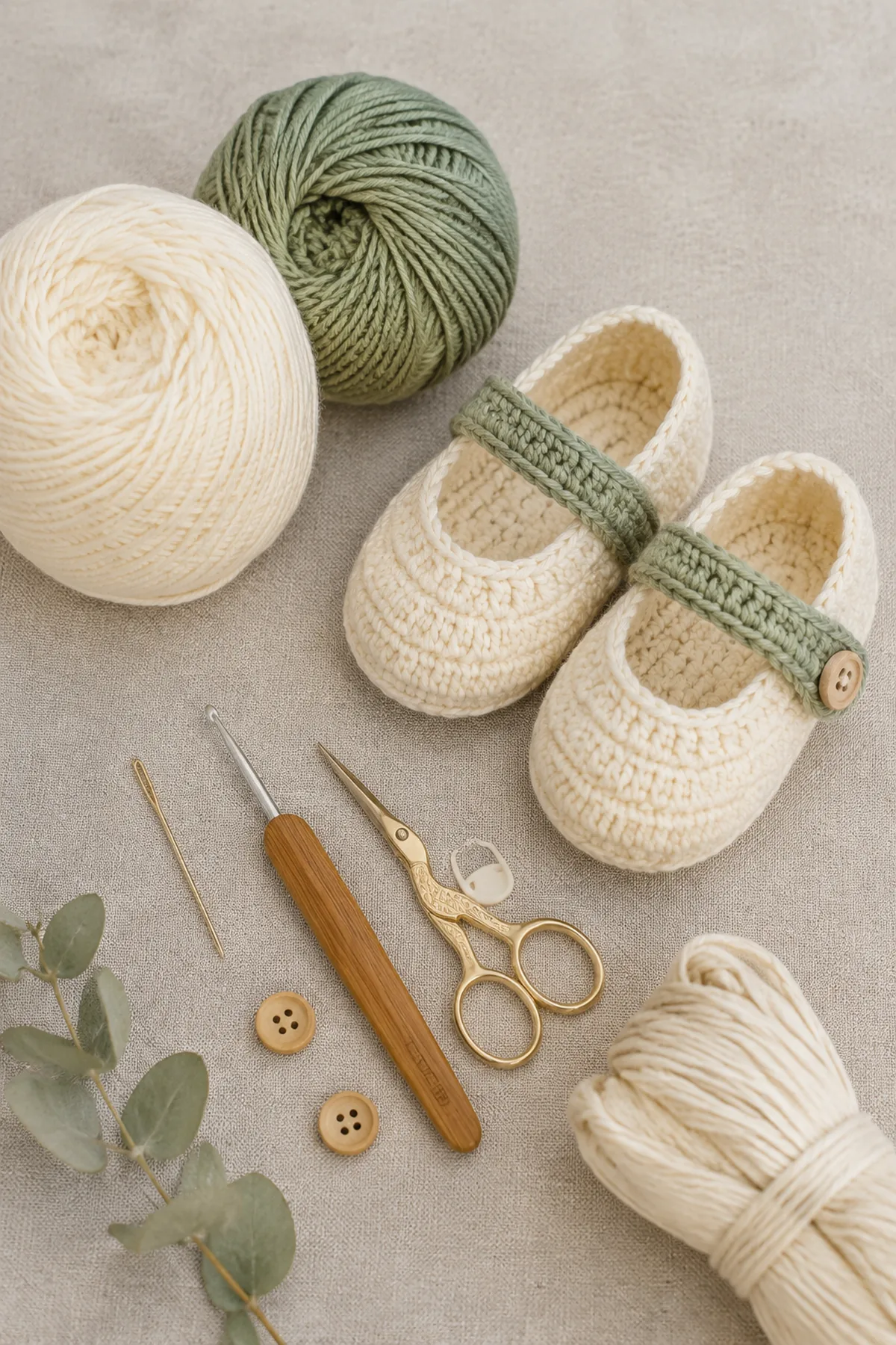 Baby-friendly yarn, crochet hook, stitch markers, tape measure, yarn needle, and scissors for crochet mary jane baby shoes