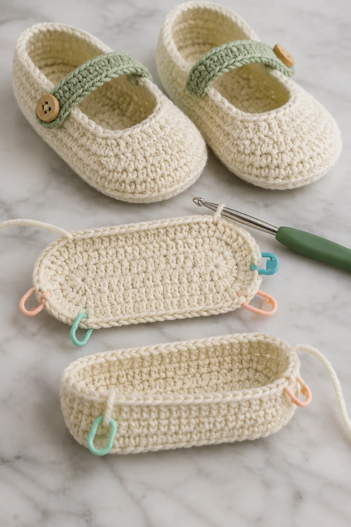 Early counted crochet stage of crochet mary jane baby shoes with matching yarn and hook