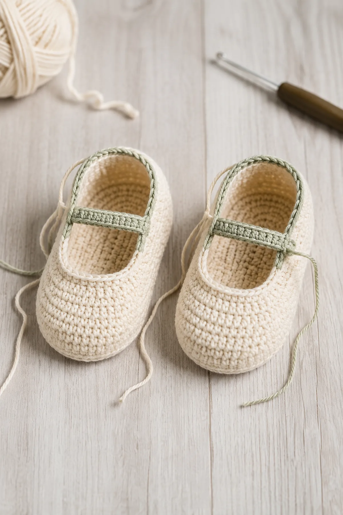 Mid-process construction of crochet mary jane baby shoes showing the established shape