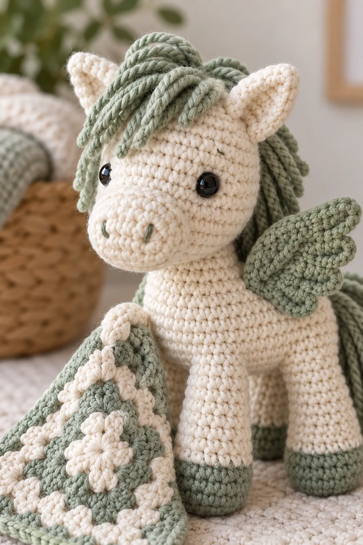 Close-up of the stitch texture and securely finished details on crochet mini wing pocket pony amigurumi