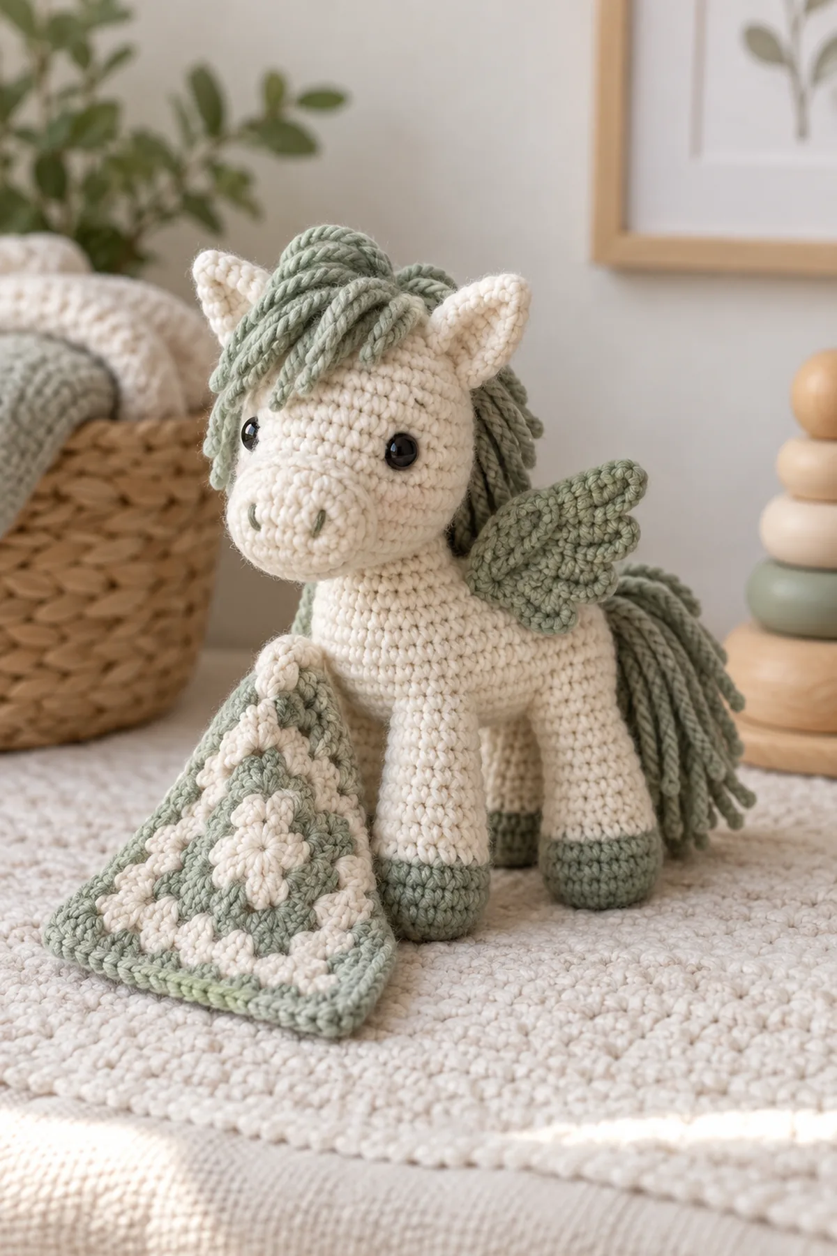 Finished crochet mini wing pocket pony amigurumi in soft cream and sage yarn on a neutral nursery surface