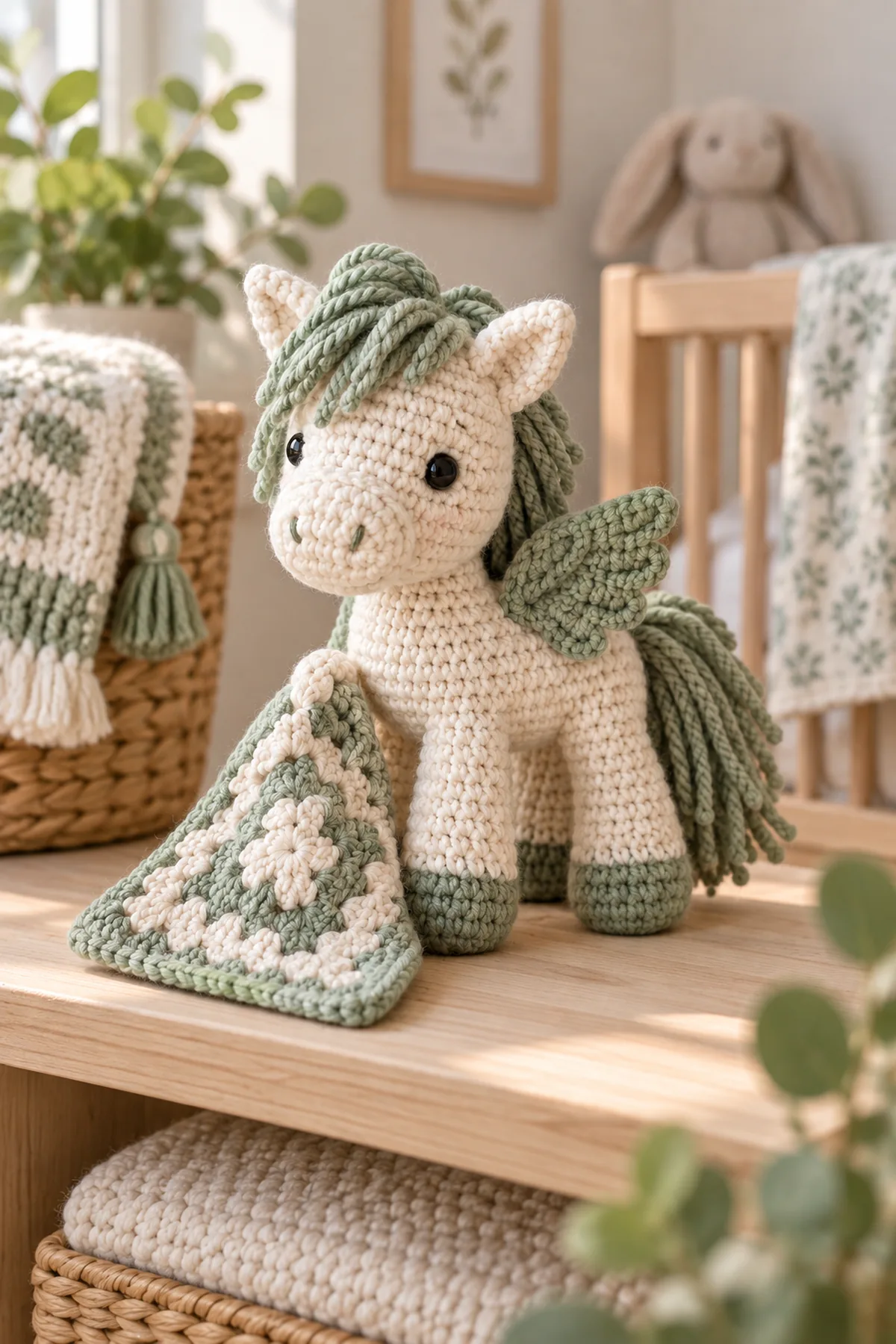 Finished crochet mini wing pocket pony amigurumi styled in a calm bright nursery setting without a baby present