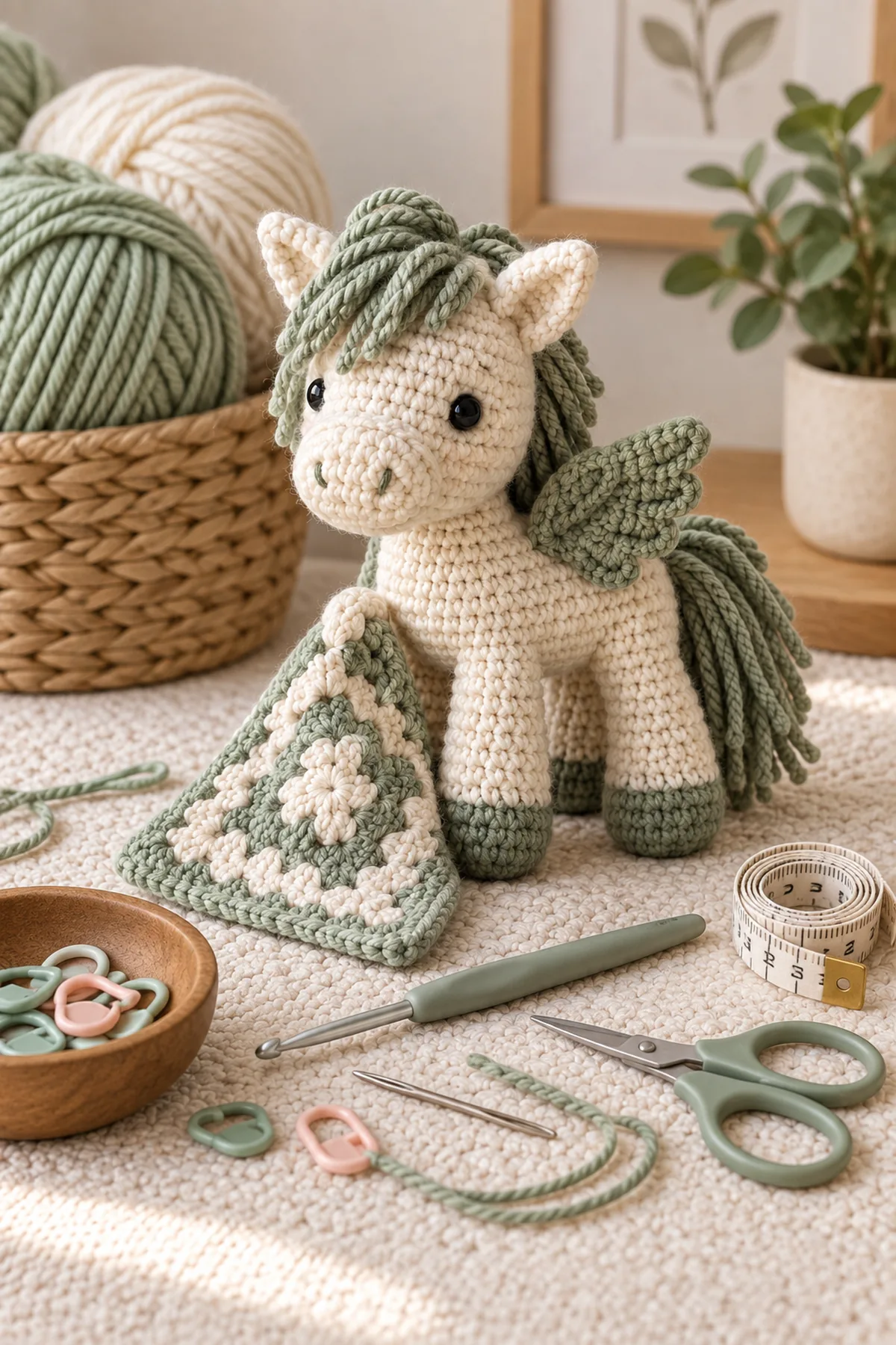 Baby-friendly yarn, crochet hook, stitch markers, tape measure, yarn needle, and scissors for crochet mini wing pocket pony amigurumi