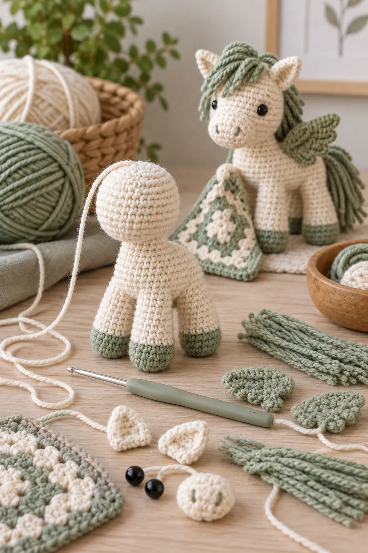 Early counted crochet stage of crochet mini wing pocket pony amigurumi with matching yarn and hook