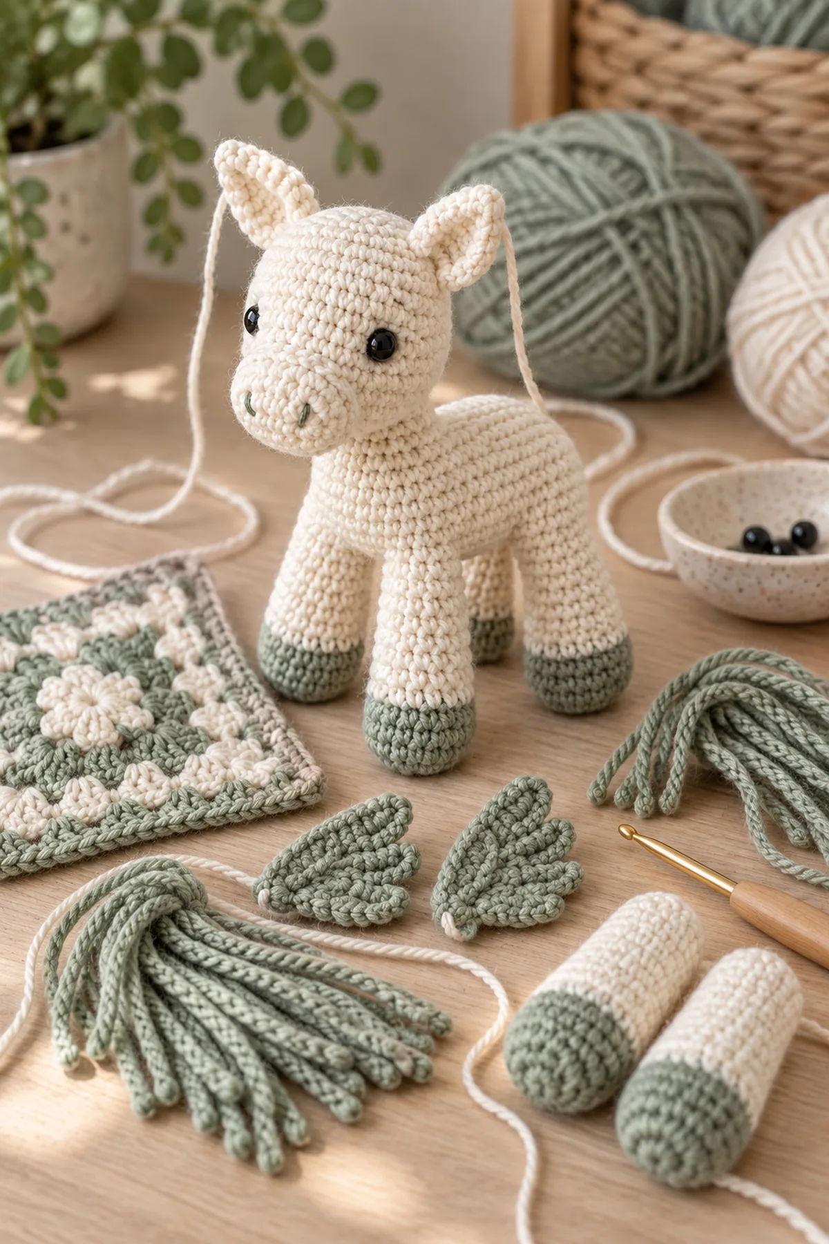 Mid-process construction of crochet mini wing pocket pony amigurumi showing the established shape