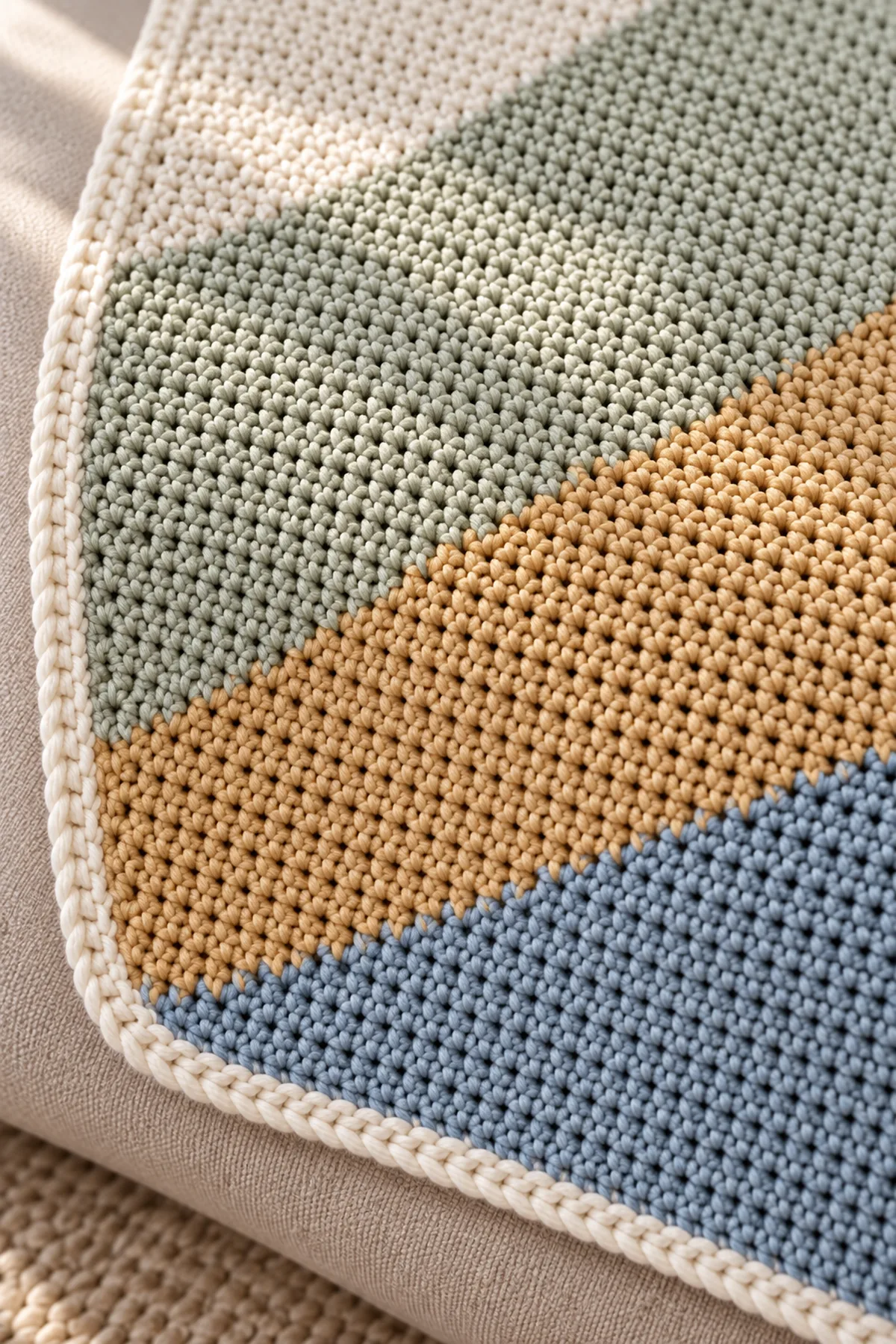 Close-up of the stitch texture and securely finished details on crochet moonbeam colorblock baby blanket