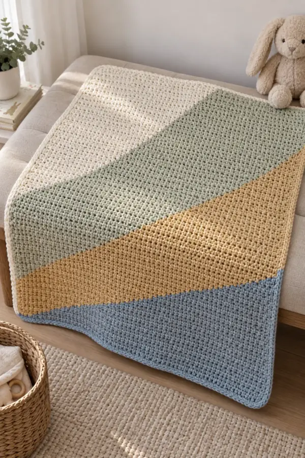 Finished crochet moonbeam colorblock baby blanket in soft cream and sage yarn on a neutral nursery surface