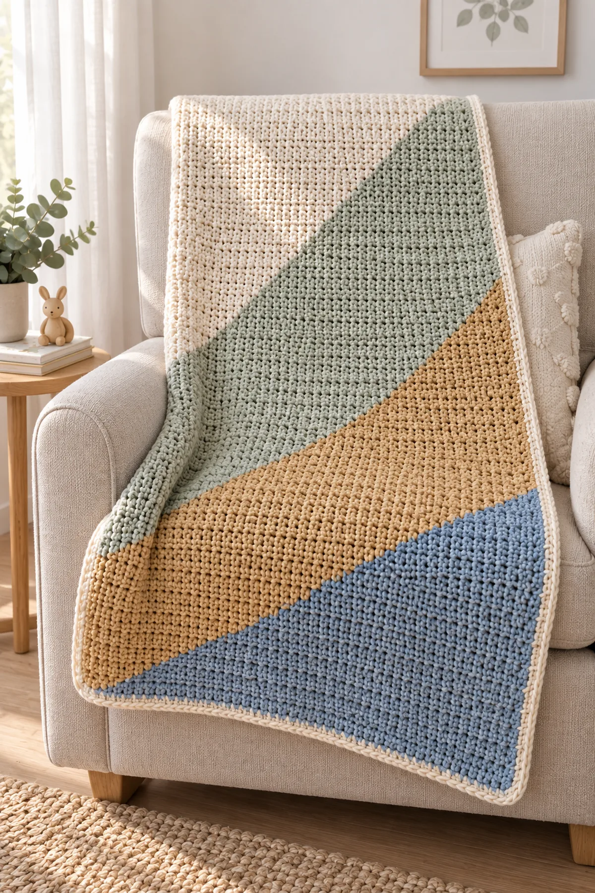 Finished crochet moonbeam colorblock baby blanket styled in a calm bright nursery setting without a baby present