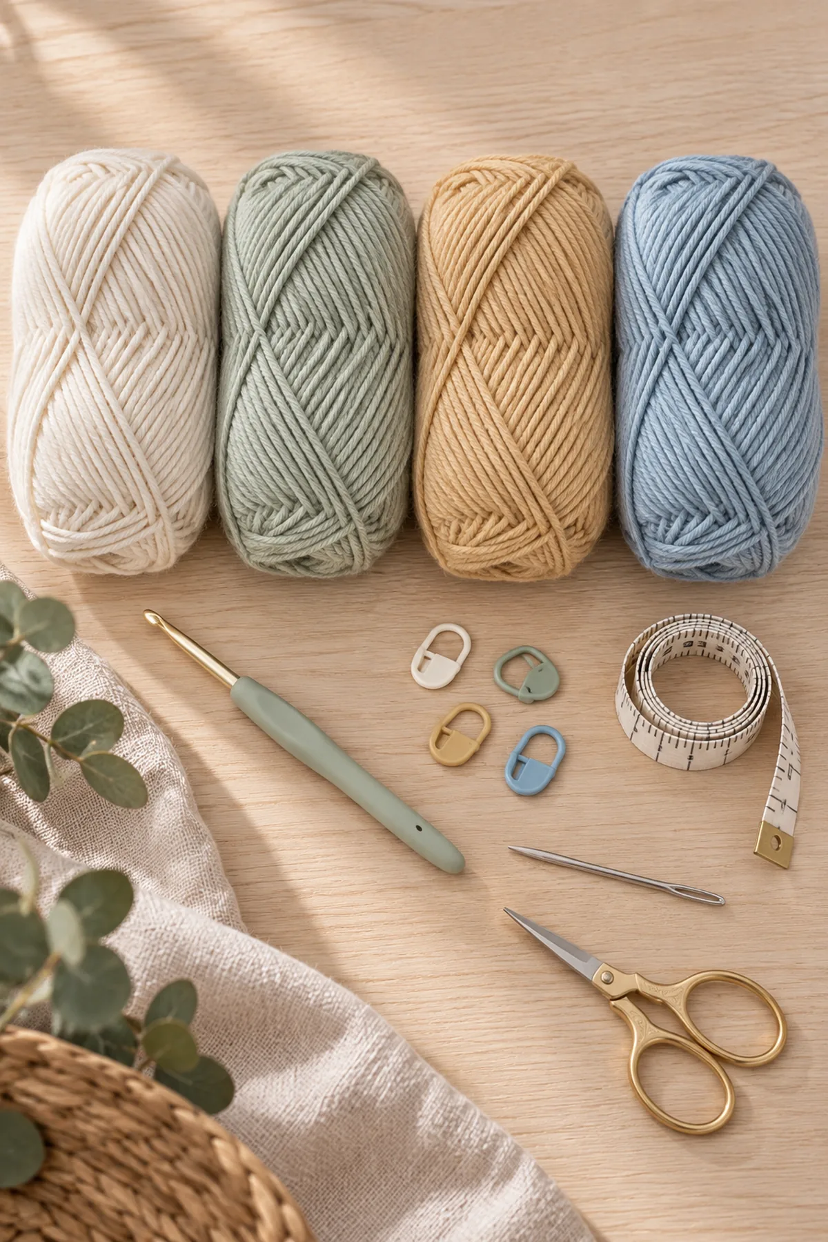Baby-friendly yarn, crochet hook, stitch markers, tape measure, yarn needle, and scissors for crochet moonbeam colorblock baby blanket