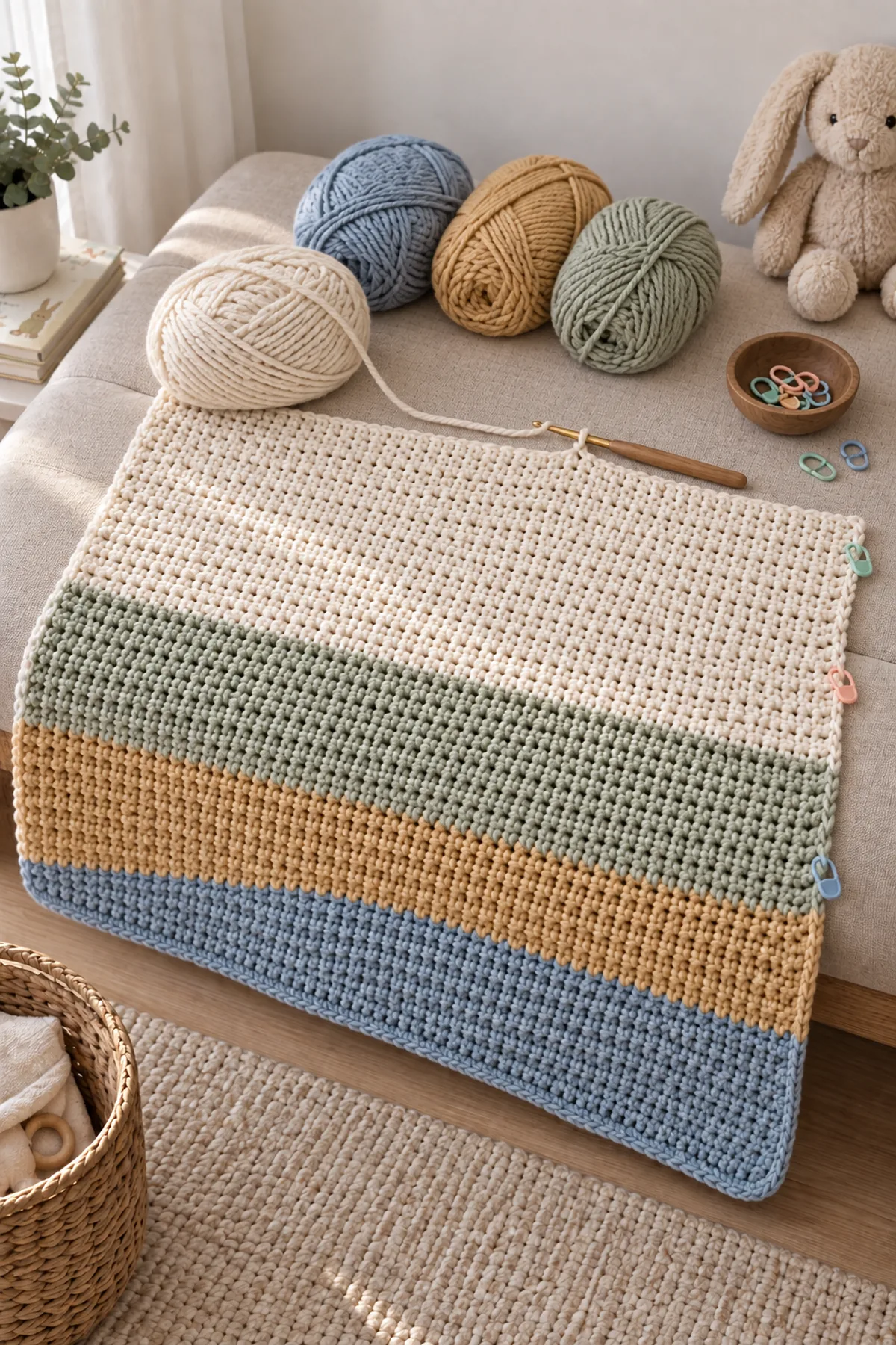 Early counted crochet stage of crochet moonbeam colorblock baby blanket with matching yarn and hook
