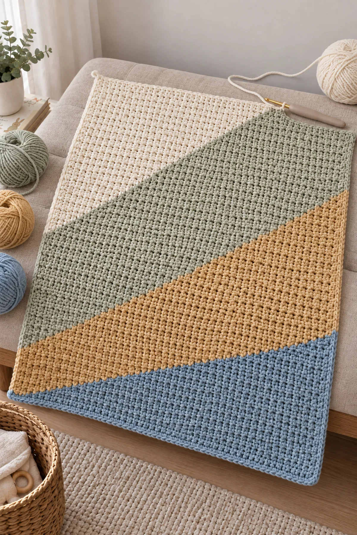 Mid-process construction of crochet moonbeam colorblock baby blanket showing the established shape