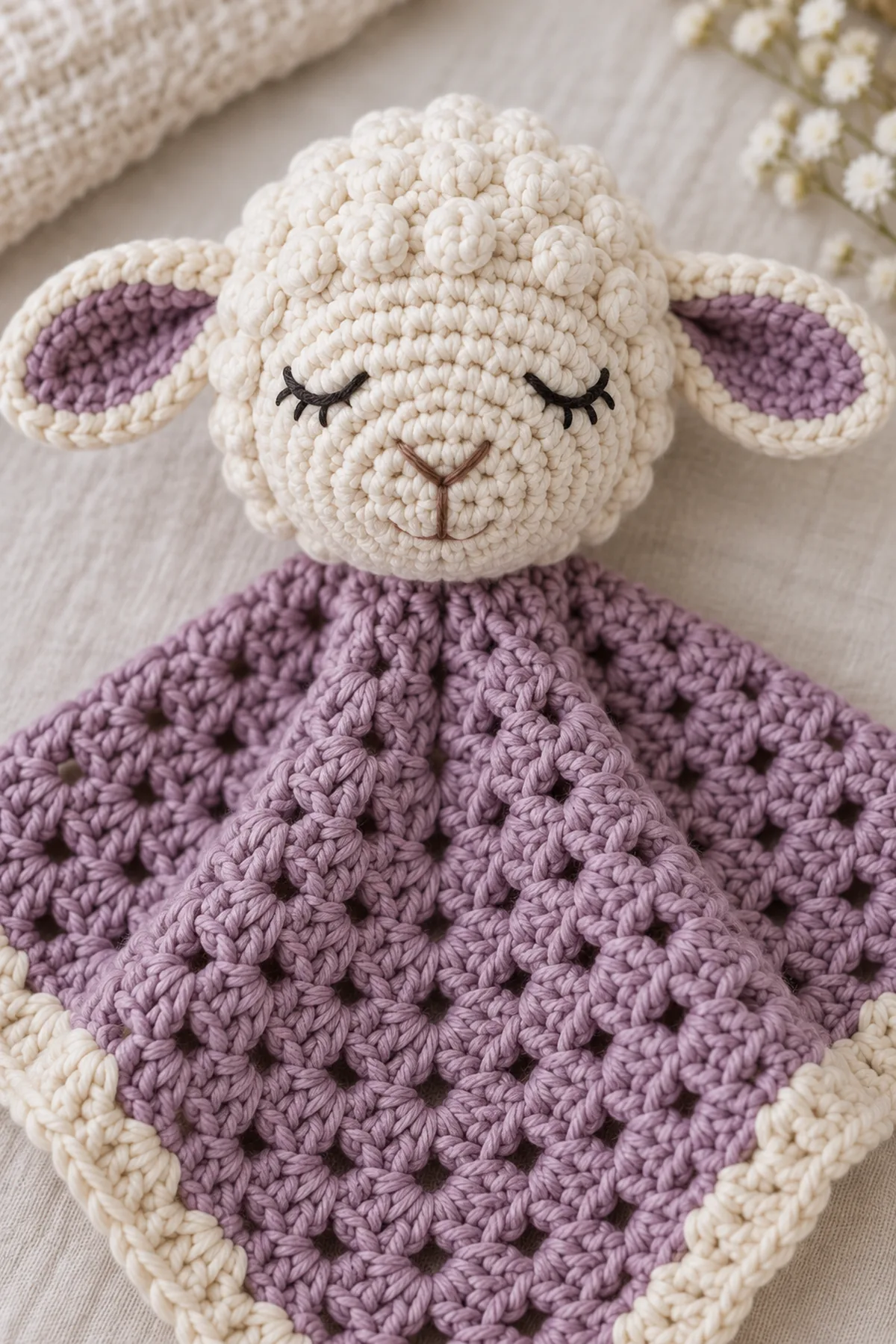 Close view of sleepy embroidered lamb face, oatmeal muzzle, flat ear seams, border, and reinforced center join