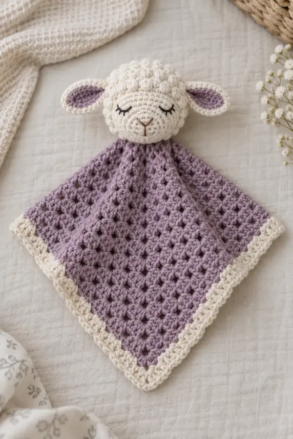 Finished dusty-violet crochet baby lovey with oatmeal border and centered cream lamb head with flat ears