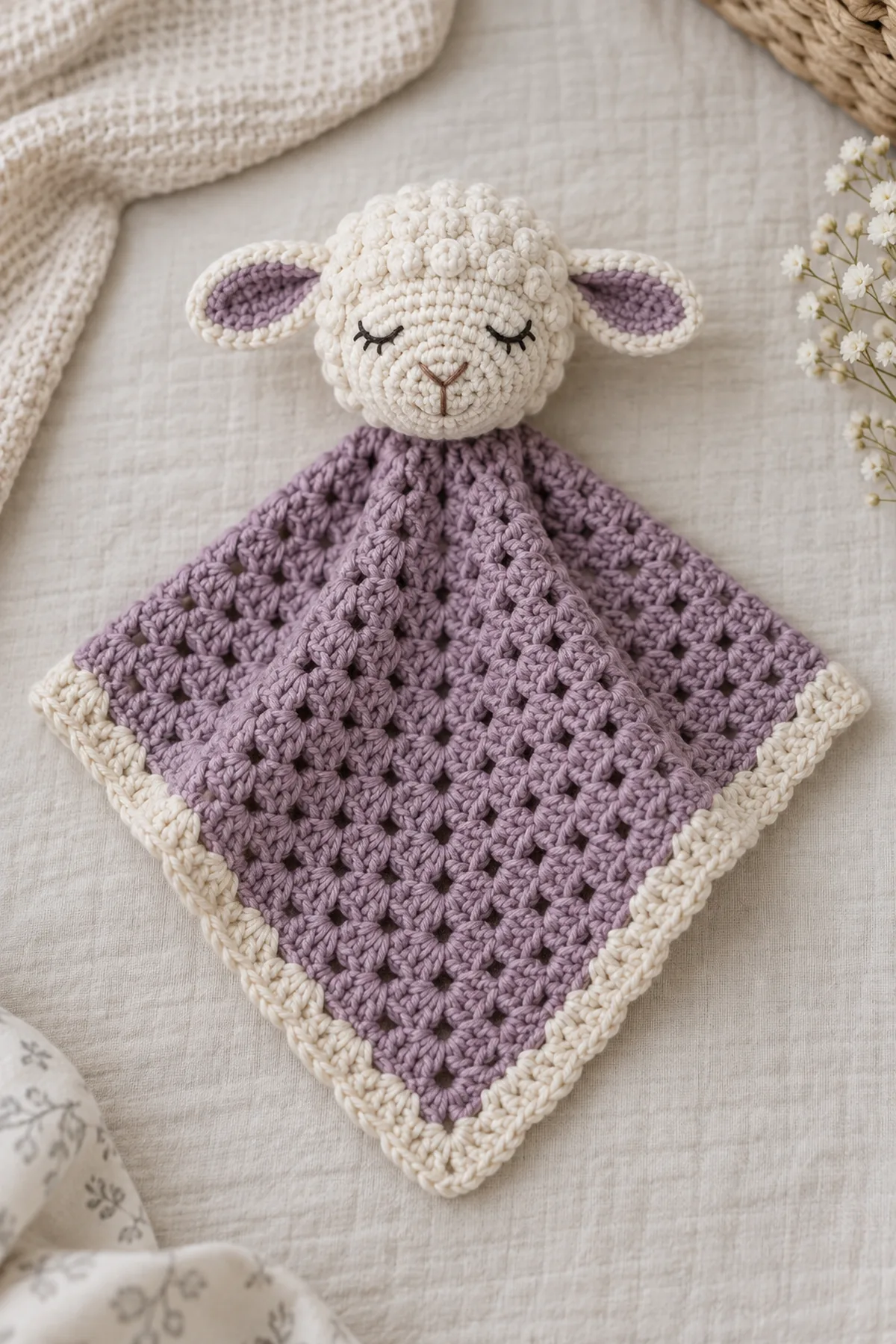 Finished dusty-violet crochet baby lovey with oatmeal border and centered cream lamb head with flat ears