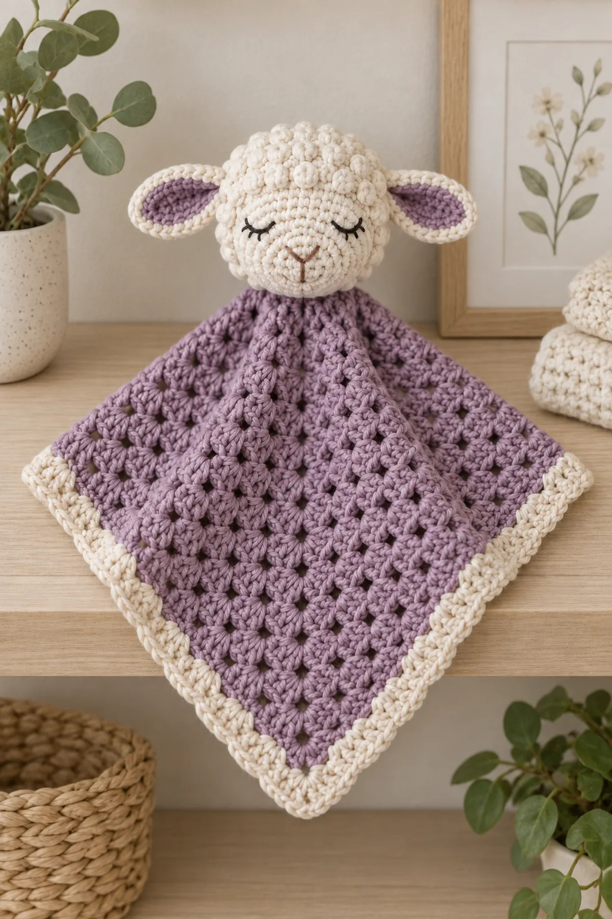 Finished moonberry lamb baby lovey arranged flat on a neutral nursery shelf without a baby or crib