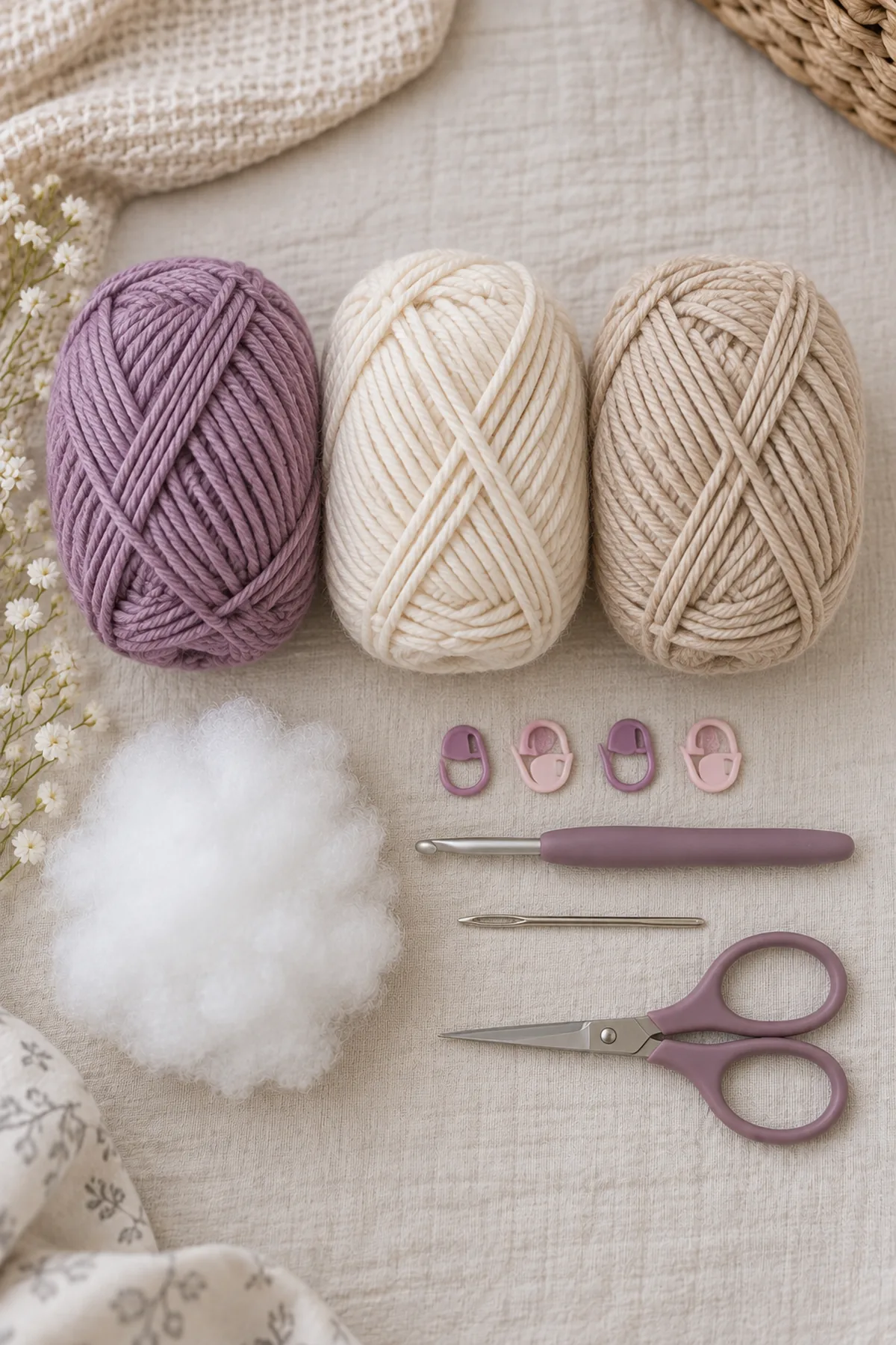 Moonberry-violet cream and oatmeal DK yarn, 3.5 mm hook, washable stuffing, markers, needle, and scissors