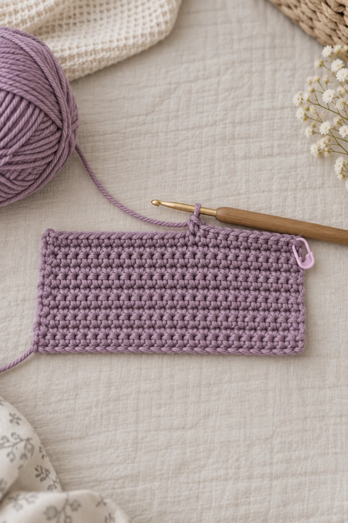 Early dusty-violet 42-stitch single-crochet lovey square in straight turned rows