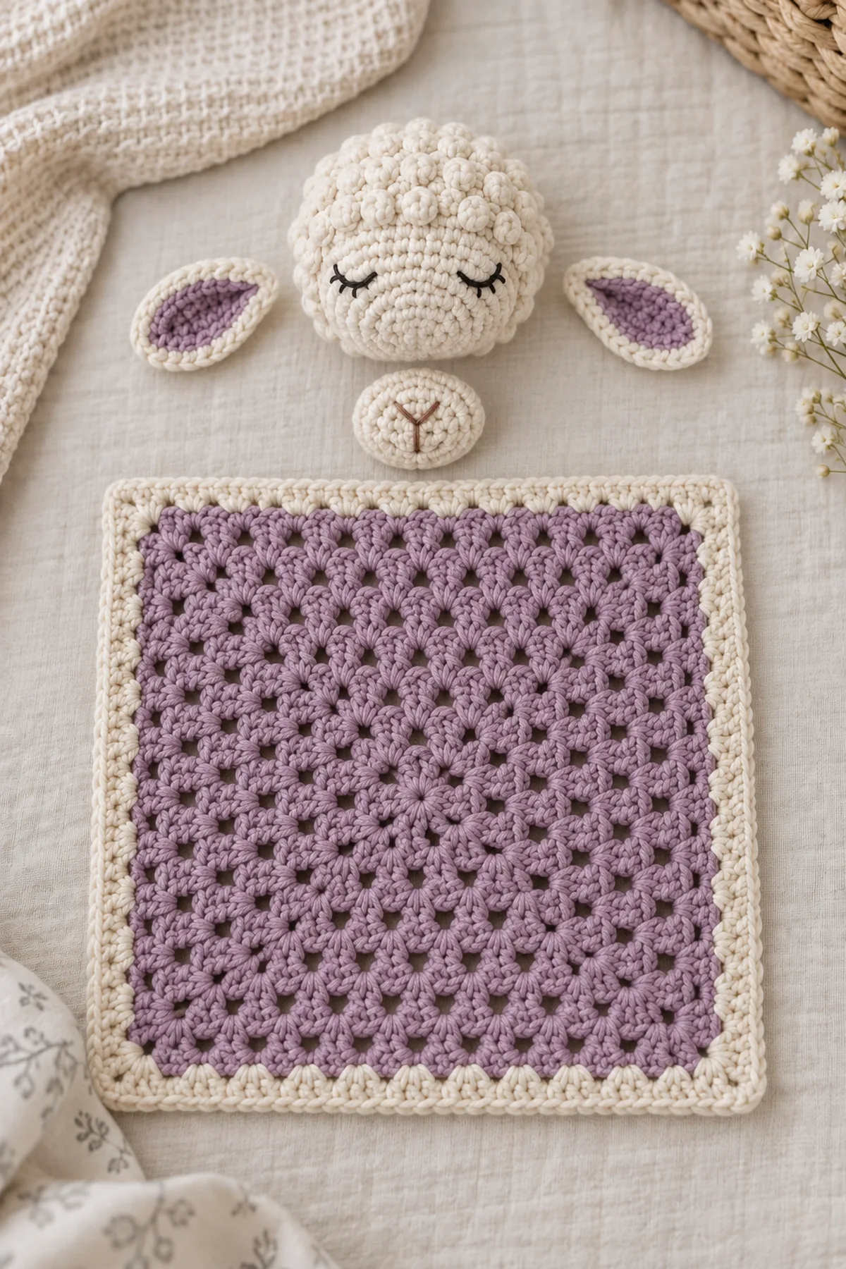 Blocked violet lovey square beside separate cream lamb head, two flat ears, and oatmeal muzzle before assembly