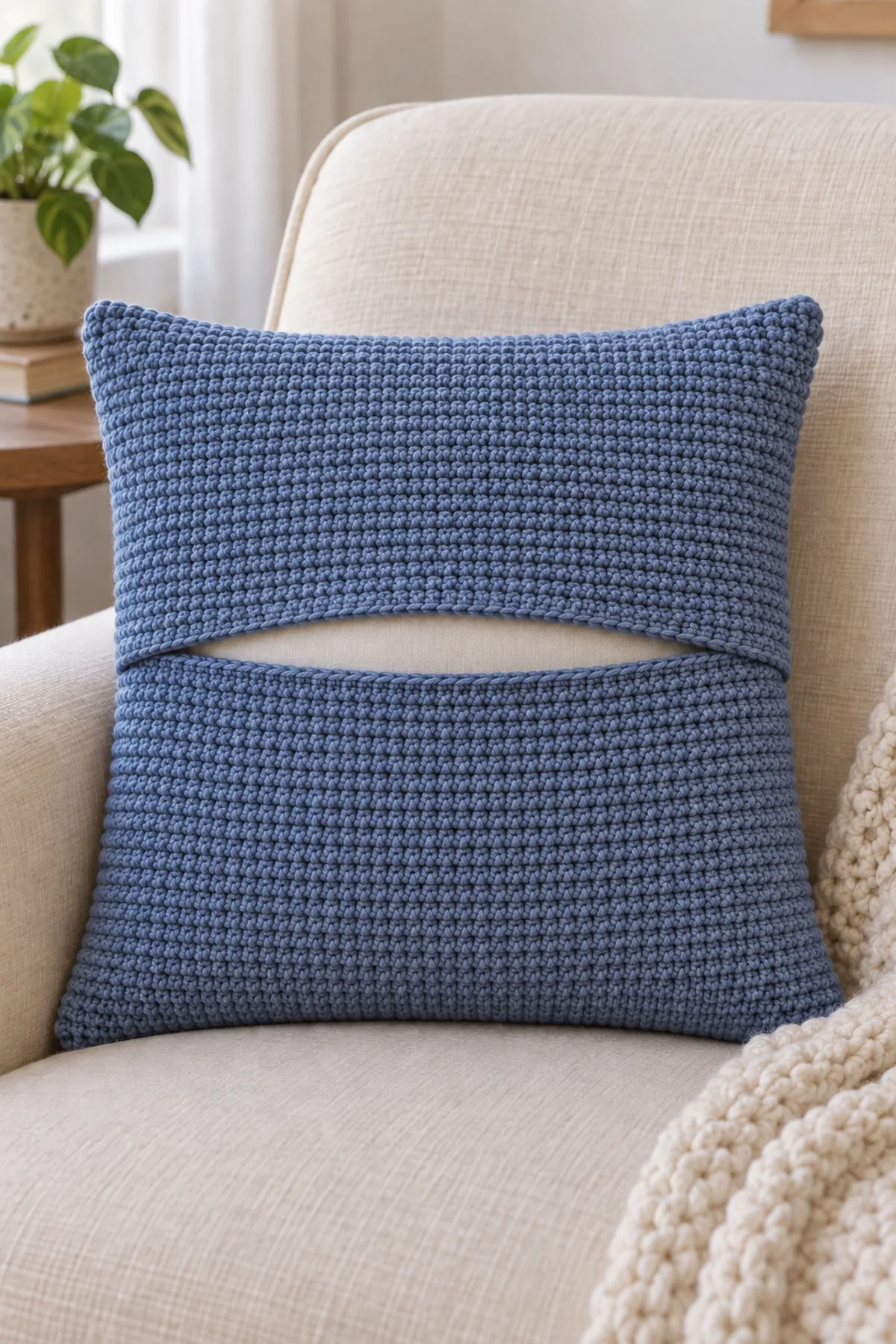 Close-up of REAR of slate-blue single crochet cushion cover showing two horizontal overlapping plain envelope back panels, opening slightly lifted to show pale cushion insert inside. No cat or moon on rear, no button zipper or ties