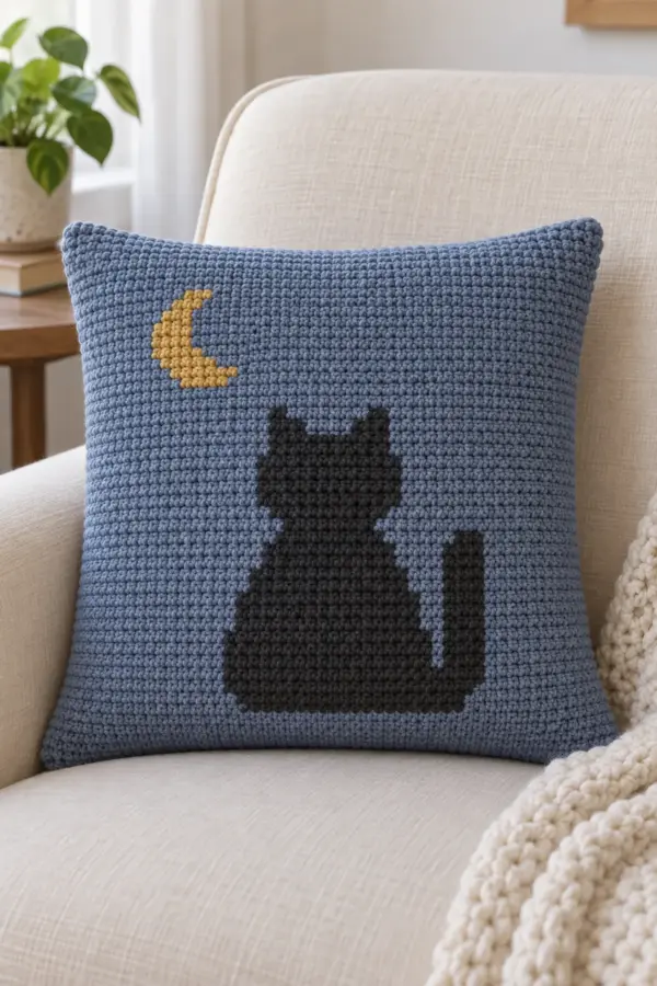 Small square slate-blue dense single-crochet cushion cover on cream chair. One simple PIXEL-STEPPED charcoal seated cat silhouette centered lower on front: broad rounded body, squared seated base, narrower neck, blocky head and two pointed ears, upright narrow tail on right connected to base. Small gold crescent high on LEFT above cat. No eyes, no face, no stars, no embroidery outlines, motif integrated in stitches. 40 stitch wide by 50 row front, not a detailed illustration