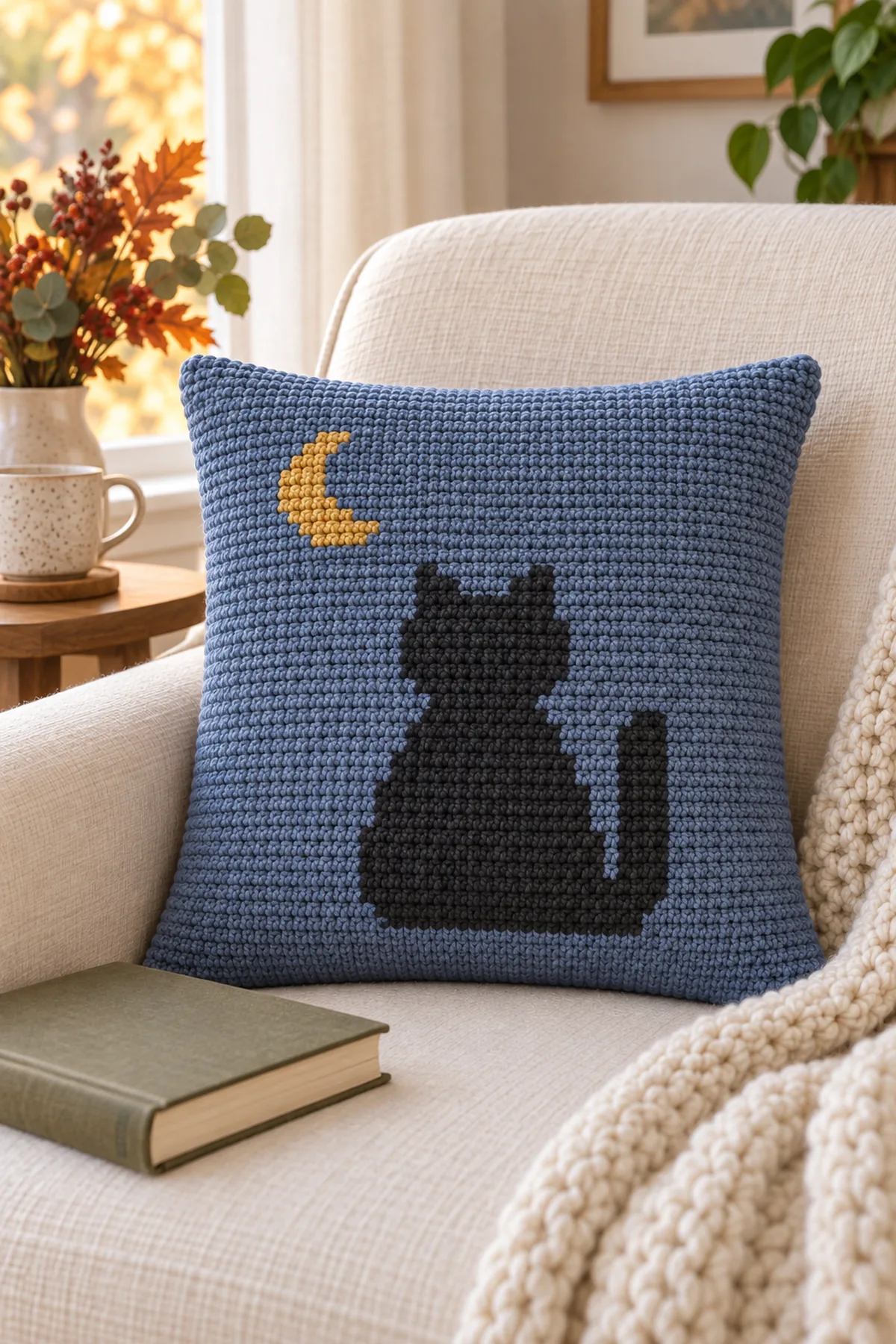 Same small square slate-blue crochet cushion with pixel-stepped charcoal seated cat silhouette and small gold crescent high LEFT, no facial eyes, resting on cream reading chair beside closed book, soft autumn daylight, no person