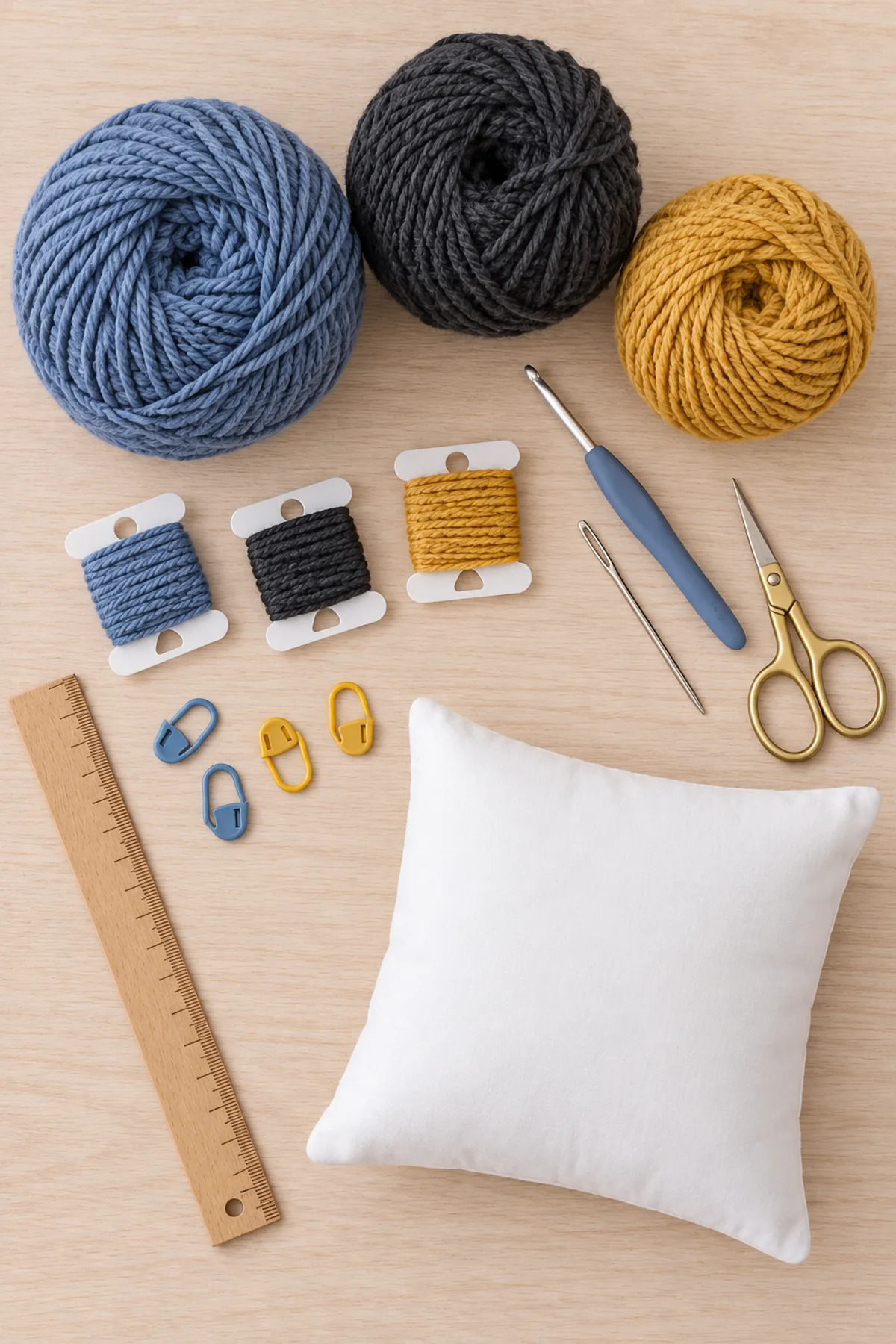 Slate-blue, charcoal and small gold worsted yarn, several small yarn bobbins, 4.5 mm hook, markers, needle, scissors, ruler and plain 10-inch cushion insert on pale table; no finished patterned cushion