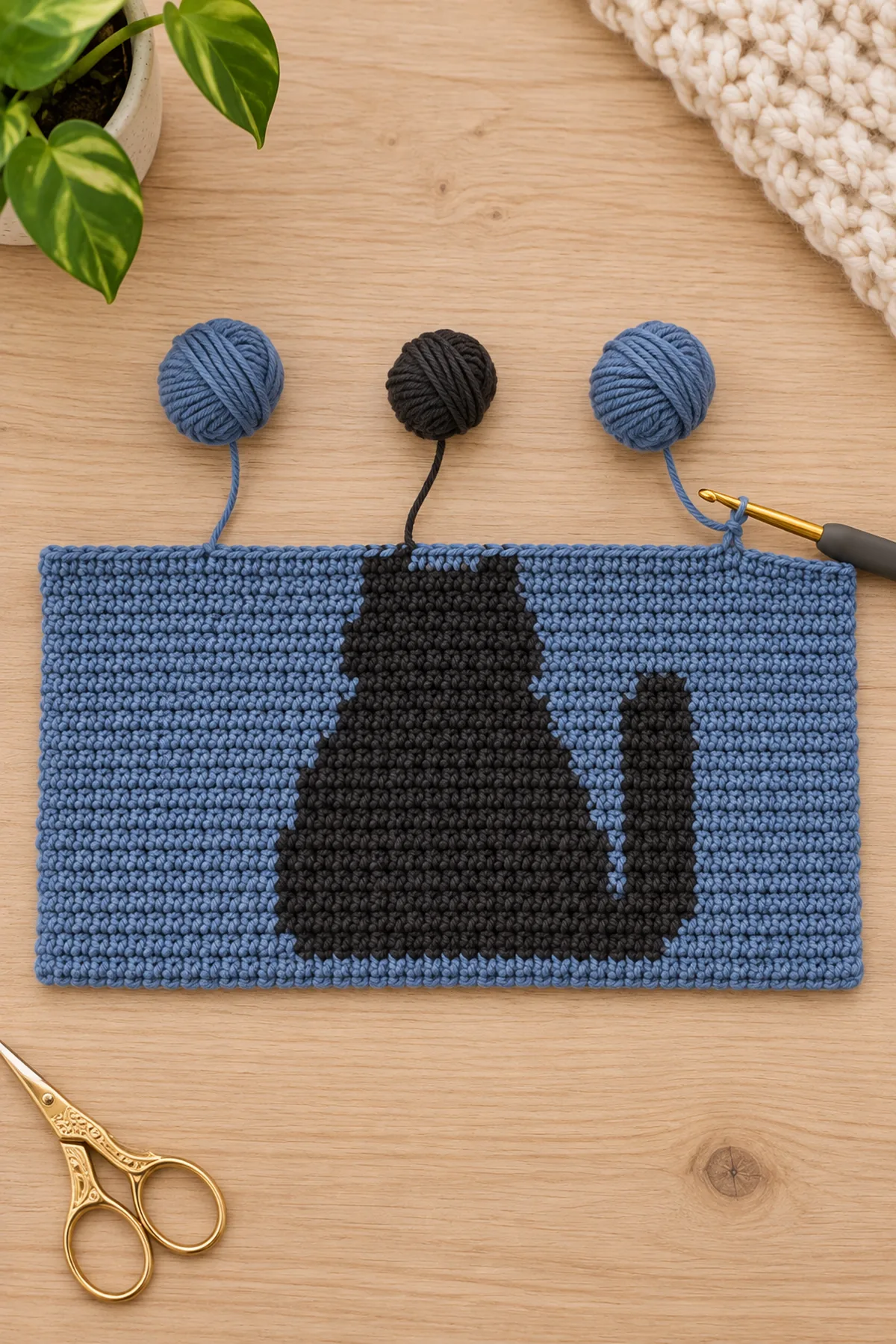 Partly crocheted flat slate-blue single crochet cushion front about 40 stitches wide and 25 rows tall, lower half of blocky seated charcoal cat body and right-side tail worked in intarsia, upper cat head and gold moon not yet made, separate small bobbins attached at working top edge, no cushion stuffing