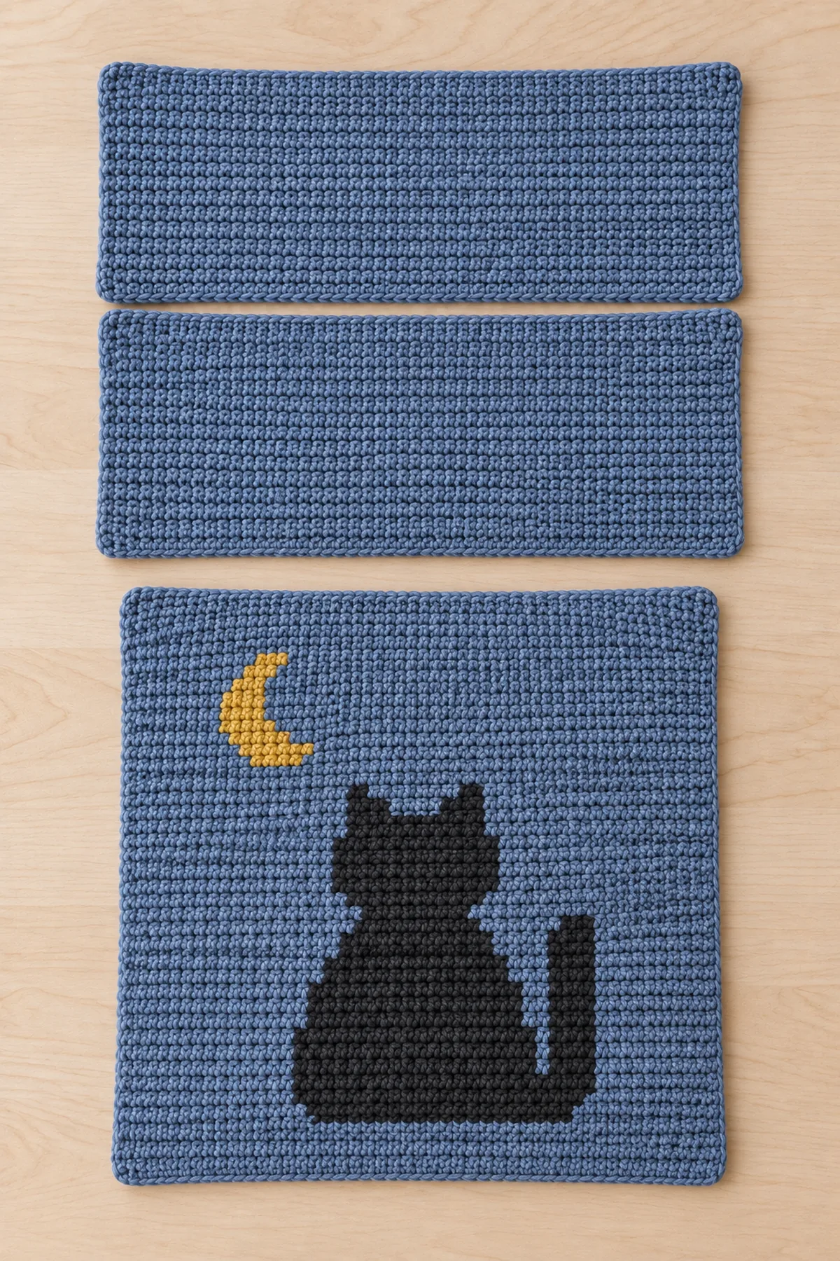 Completed flat slate-blue crochet square front with simple blocky charcoal seated cat and small gold crescent high LEFT, beside two separate plain slate rectangular back panels overlapping slightly but not sewn. All three components visible, no insert inside
