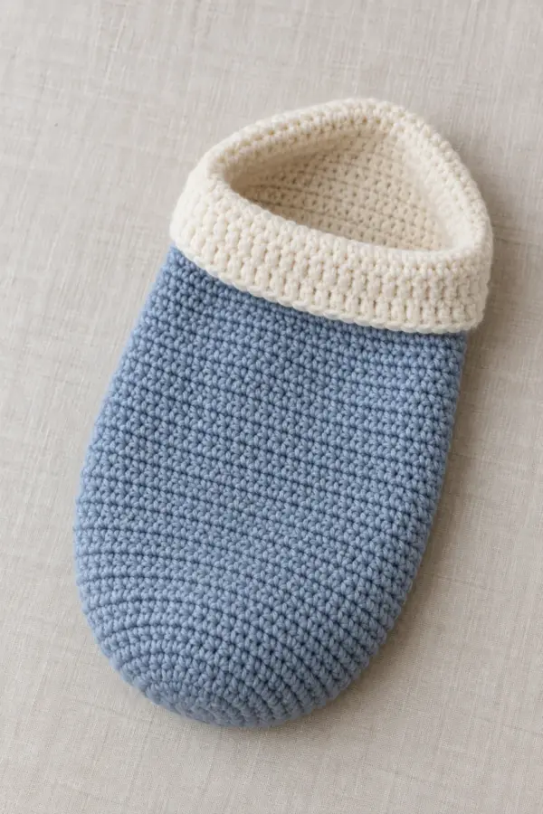 Finished muted twilight-blue crochet newborn photo cocoon with flat closed base and soft ivory folded opening, displayed empty on a neutral studio surface