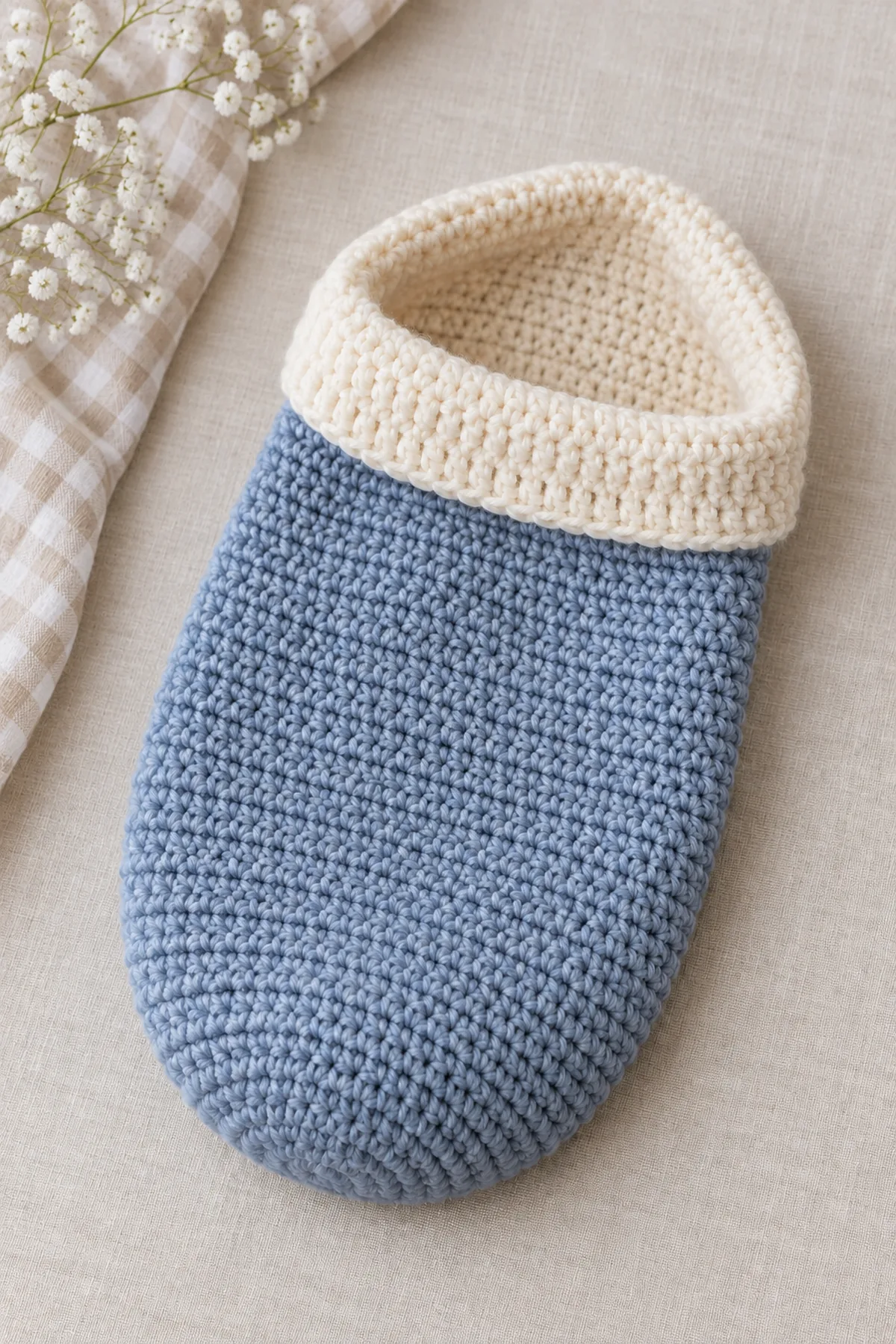 Finished empty twilight-blue and ivory crochet newborn photo cocoon styled on a supervised photography table without a baby
