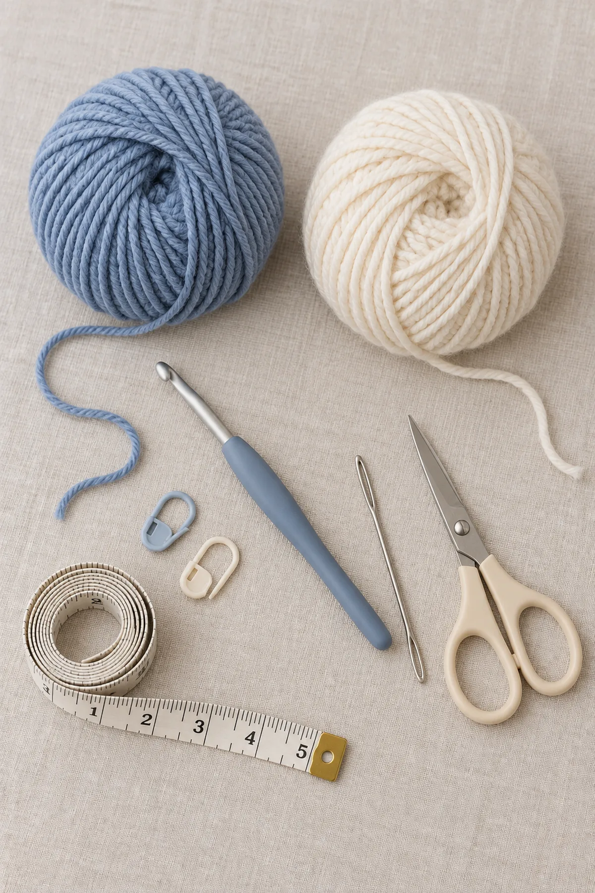 Muted twilight-blue and ivory washable DK yarn, 4.5 mm crochet hook, two stitch markers, tape measure, yarn needle, and scissors