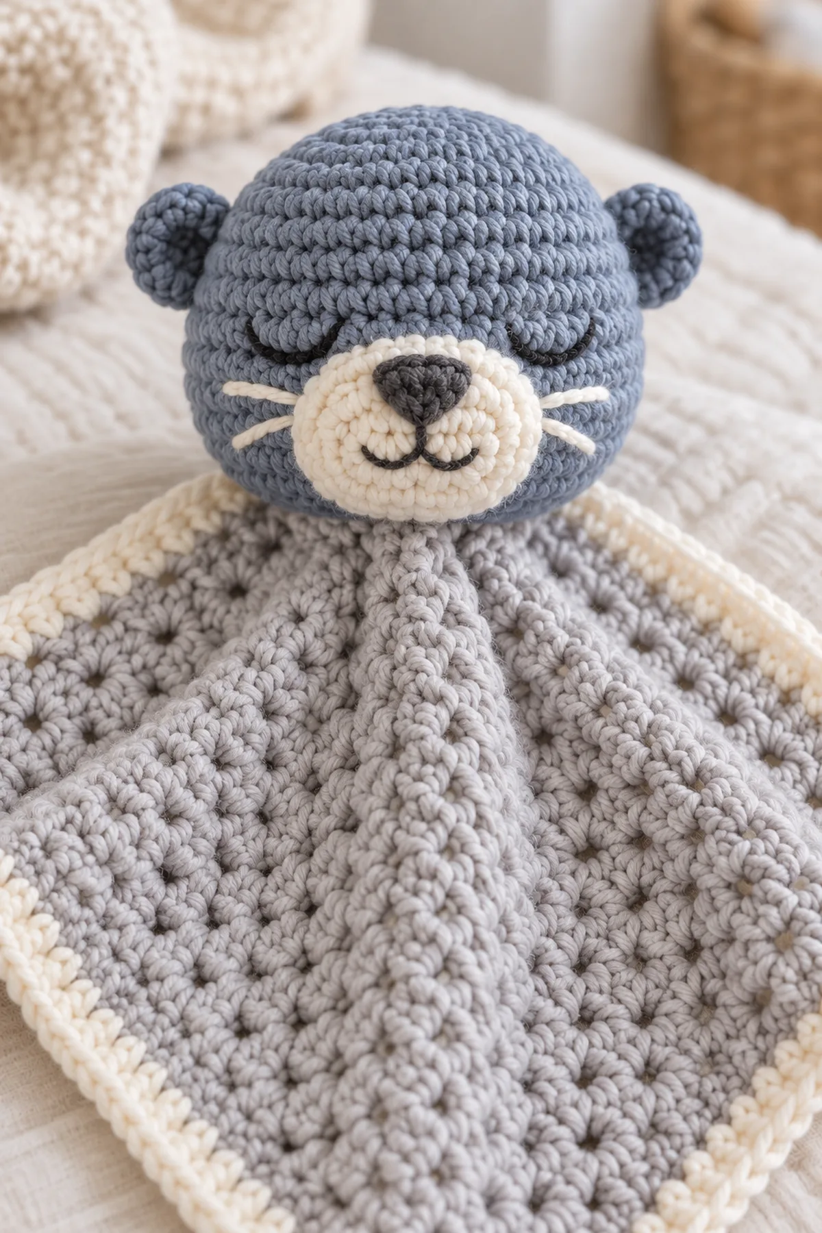 Close view of embroidered sleepy otter face, cream muzzle, flat ear seams, border, and reinforced center join