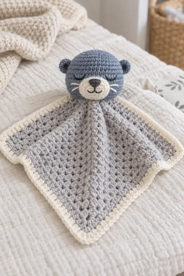 Finished pale-gray crochet baby lovey with cream border and centered moonlit-blue otter head with sleepy embroidered face
