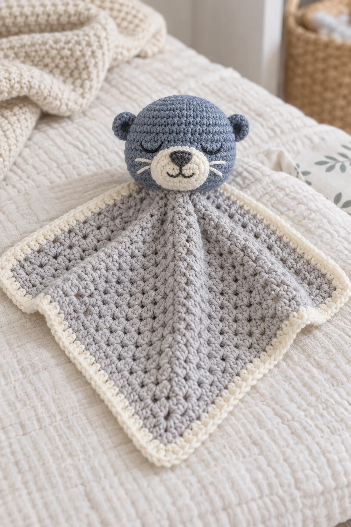 Finished pale-gray crochet baby lovey with cream border and centered moonlit-blue otter head with sleepy embroidered face