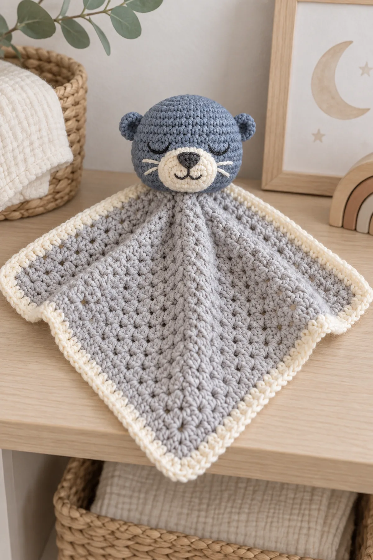 Finished moonlit otter baby lovey arranged flat on a neutral nursery shelf without a baby or crib