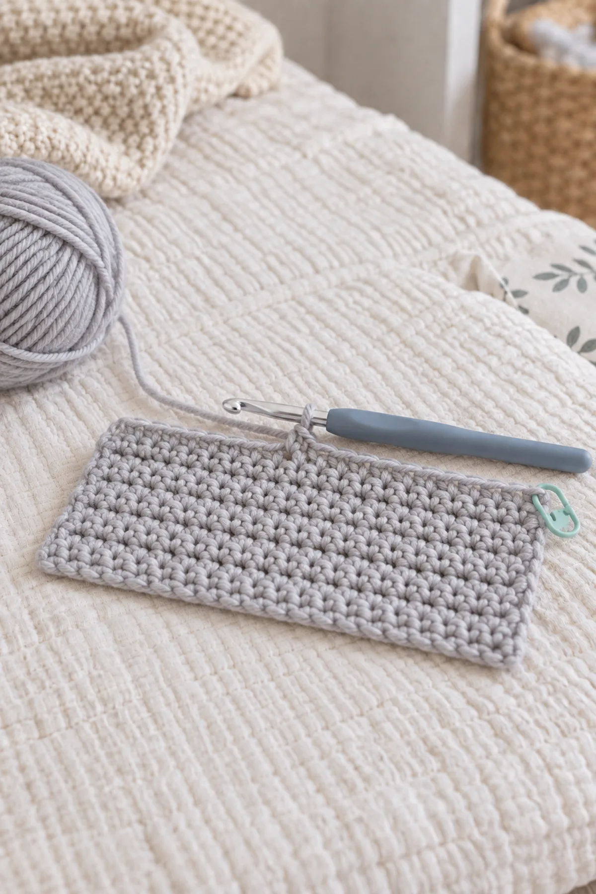 Early pale-gray 42-stitch single-crochet lovey square in straight turned rows