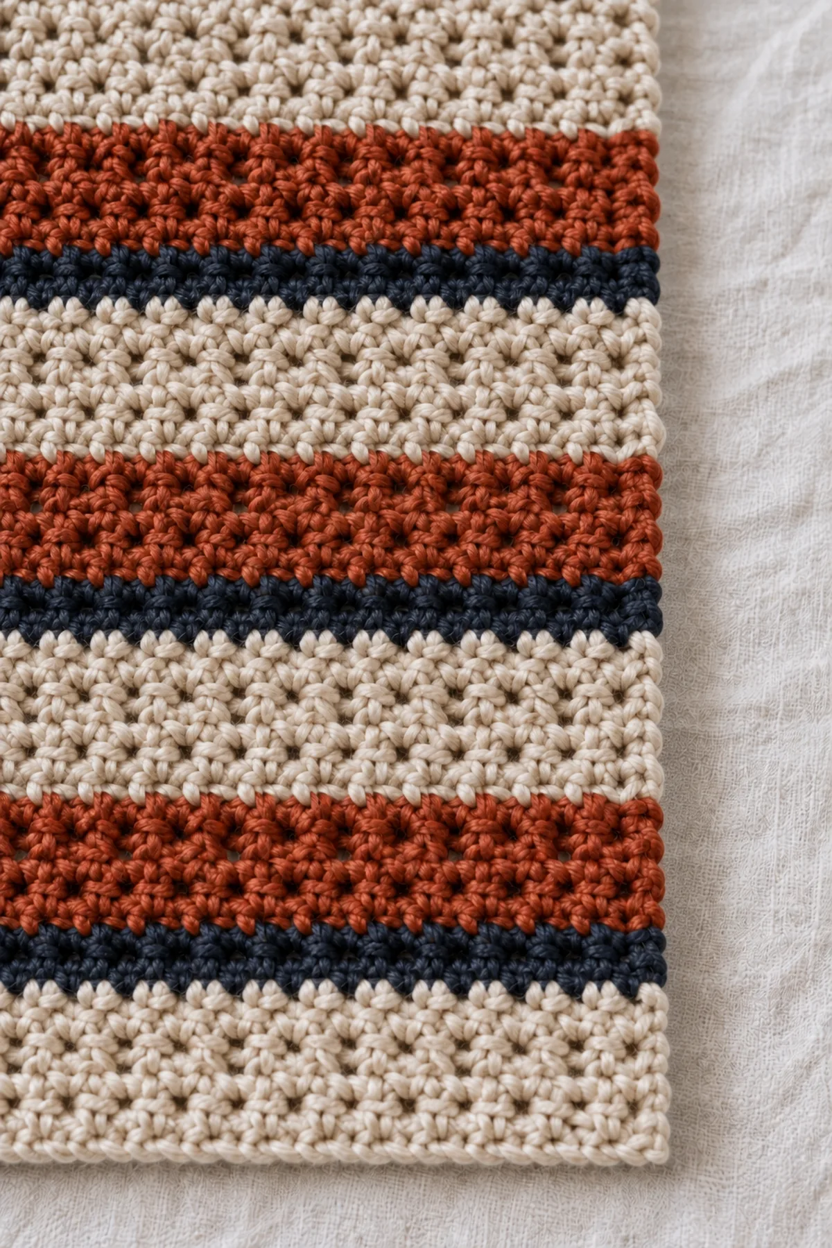 Macro view of the long straight edge of the rust oatmeal ink moss-stitch scarf, staggered small single-crochet and chain spaces and solid sc edge stitches visible, no fringes