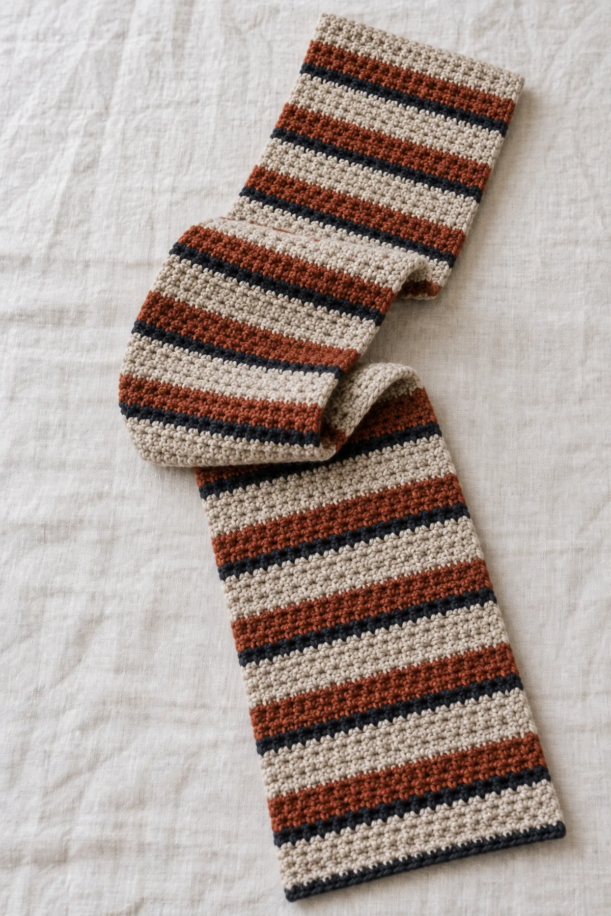 One long adult rectangular crochet moss-stitch scarf loosely folded in an S on pale linen, rust medium bands, oatmeal broad bands and very narrow dark ink bands repeating across its width, small woven-looking sc and chain-space texture, straight fringe-free short ends, no hood or sleeves, no person