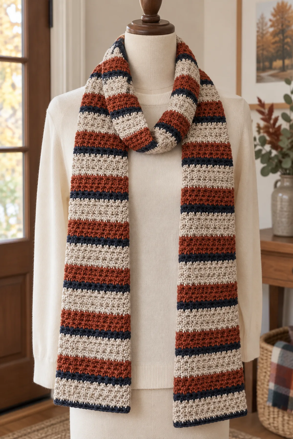 Same long rust oatmeal ink moss-stitch striped scarf draped loosely over a neutral adult torso dress form wearing plain cream clothing, both fringe-free ends visible, calm fall entryway daylight, no human