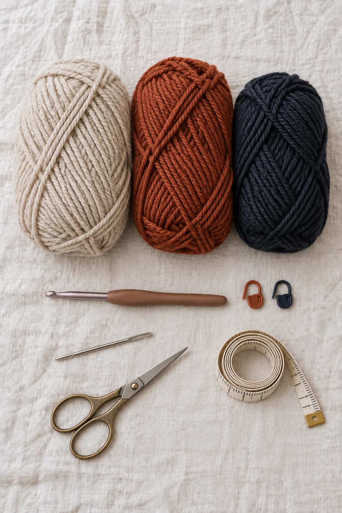 Only oatmeal, rust and dark ink worsted yarn, a 5 mm crochet hook, two markers, yarn needle, scissors and tape measure on pale linen, no finished scarf