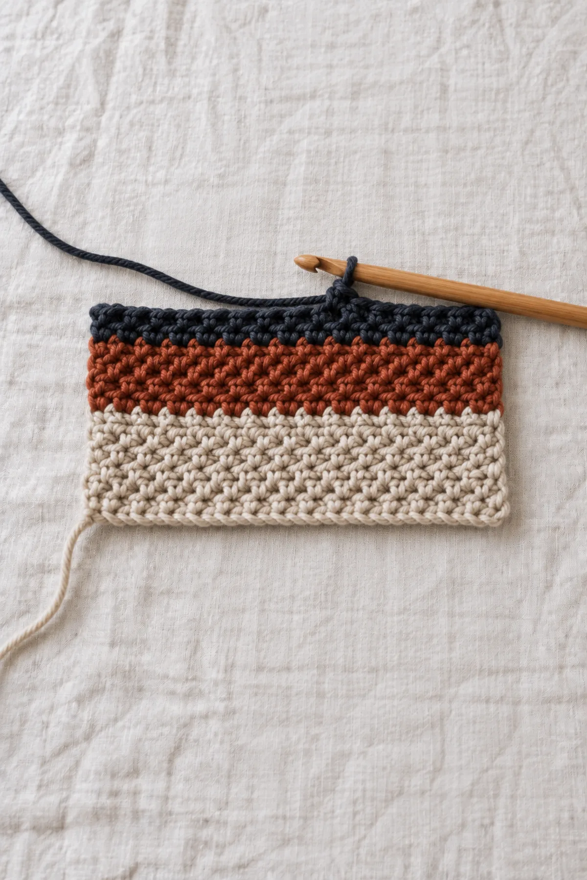 A short flat 30-position-wide moss-stitch crochet swatch still on hook, first broad oatmeal stripe then a medium rust stripe and one narrow ink band just completed; short rectangle only, clearly unfinished scarf, pale linen background