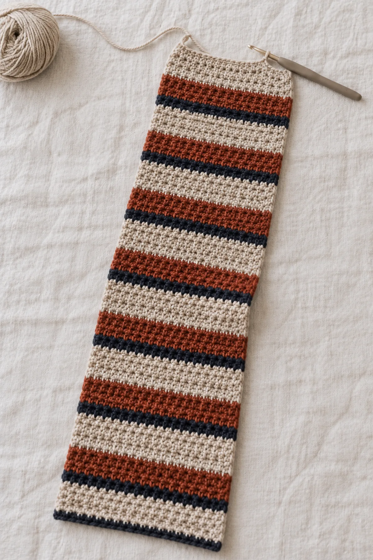 Partially worked long rectangular moss-stitch scarf showing several uneven oatmeal six-row, rust four-row and ink two-row bands, loose working yarn and hook at active short edge, unfinished length, flat on linen