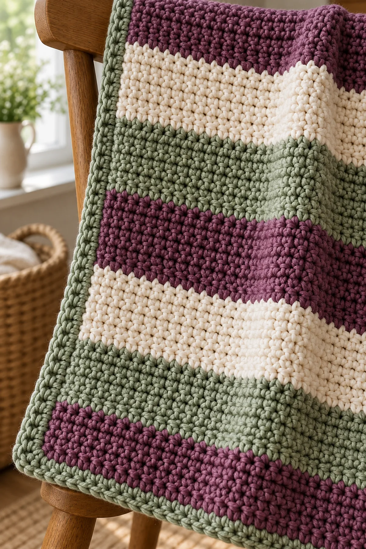 Close view of even half-double-crochet bands and neat moss three-stitch border corner