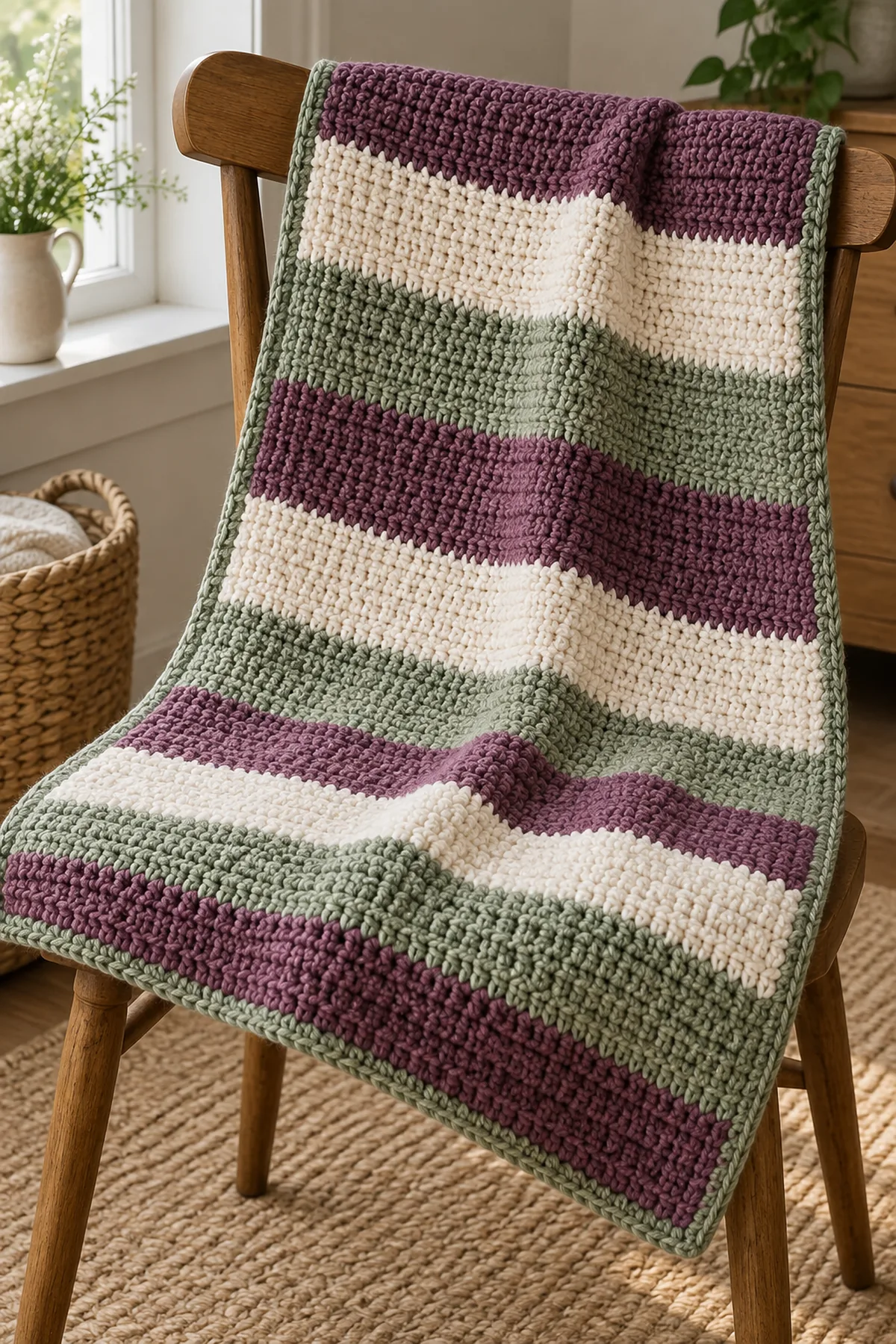 Finished mulberry cream and muted-moss striped crochet baby blanket with narrow moss border