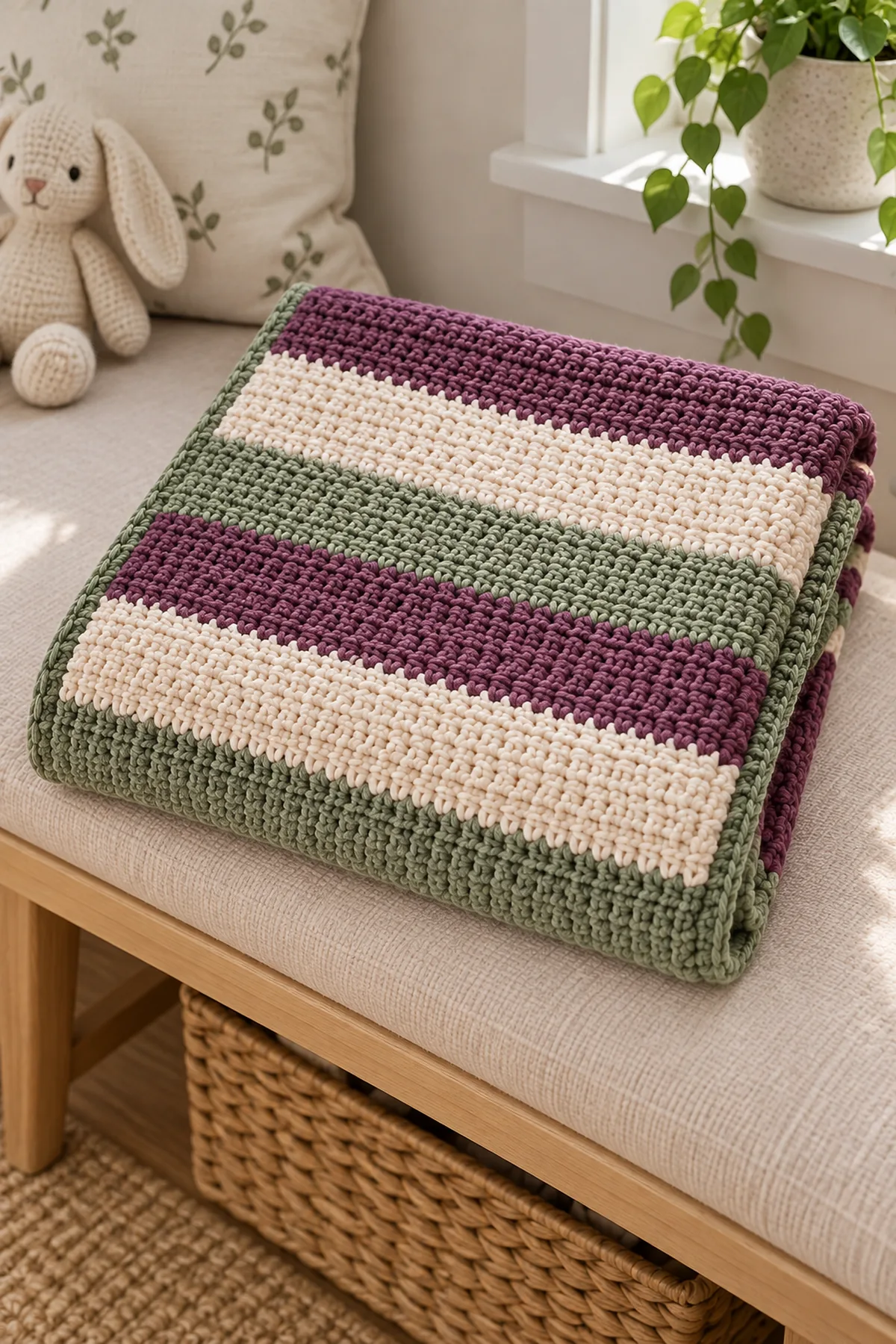 Finished mulberry moss baby blanket folded on a pale nursery bench without a baby or crib