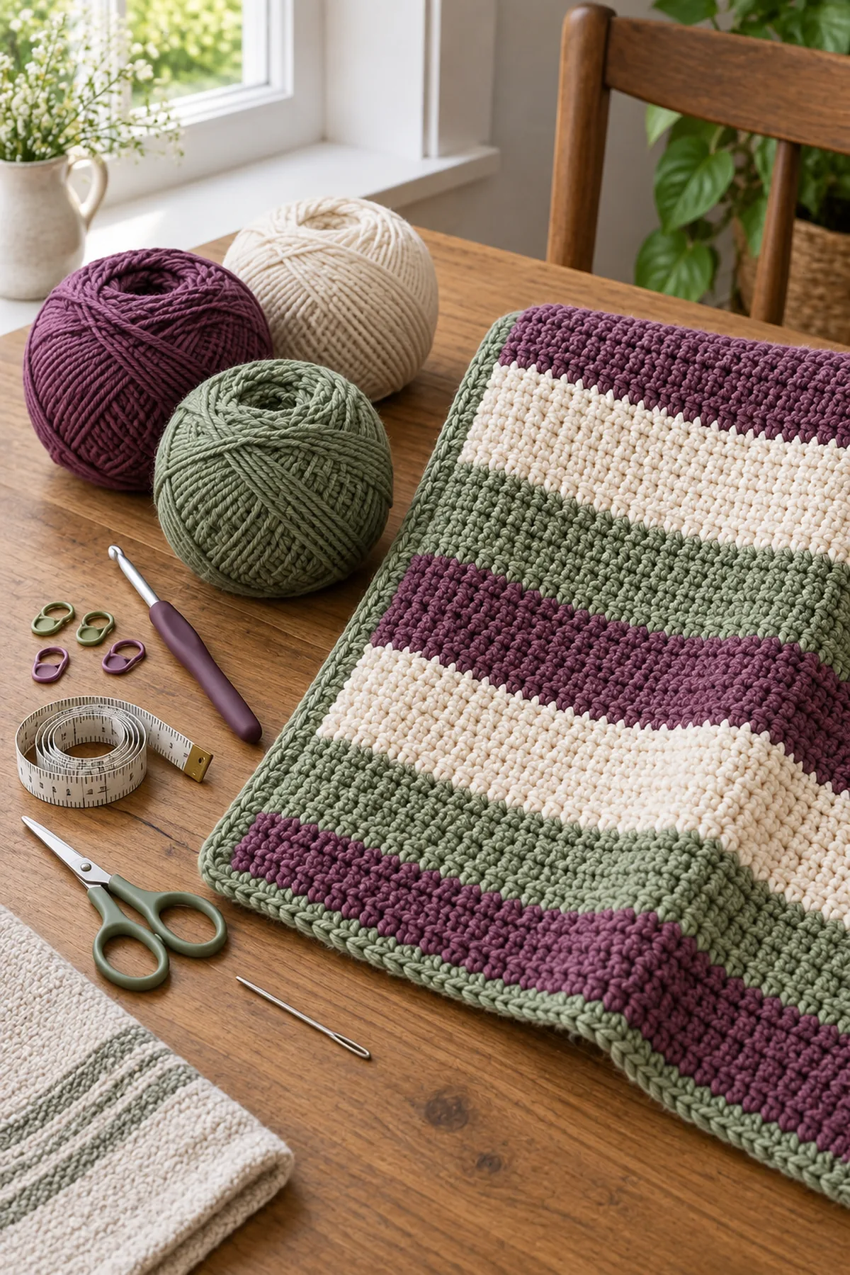 Mulberry warm-cream and moss DK yarn, 4.5 mm hook, markers, tape measure, needle, and scissors