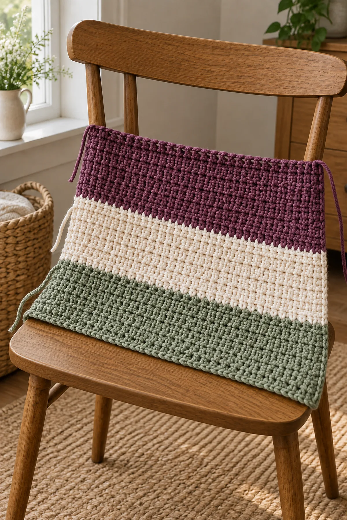 Early 90-stitch blanket with first mulberry cream and moss bands and raw row ends