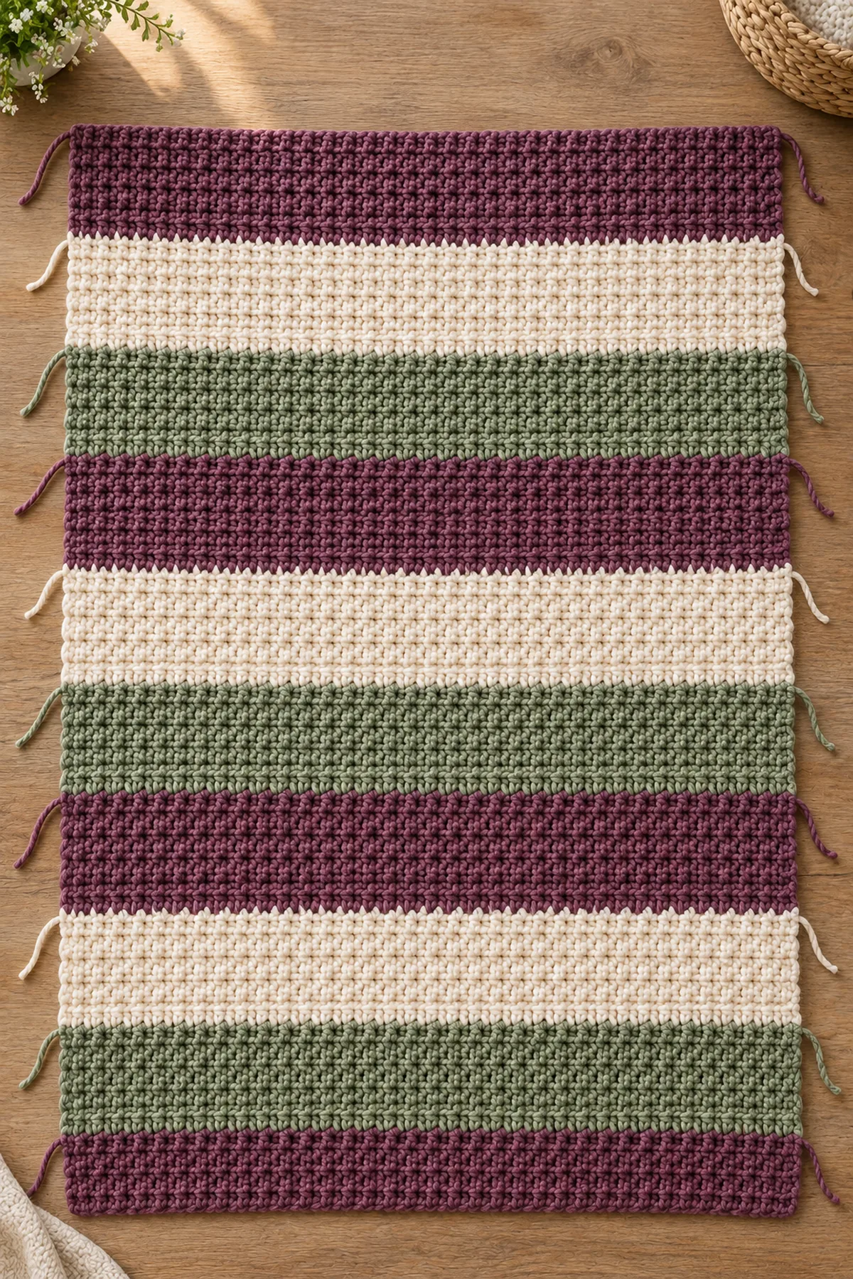 Completed mulberry moss striped blanket rectangle before its border