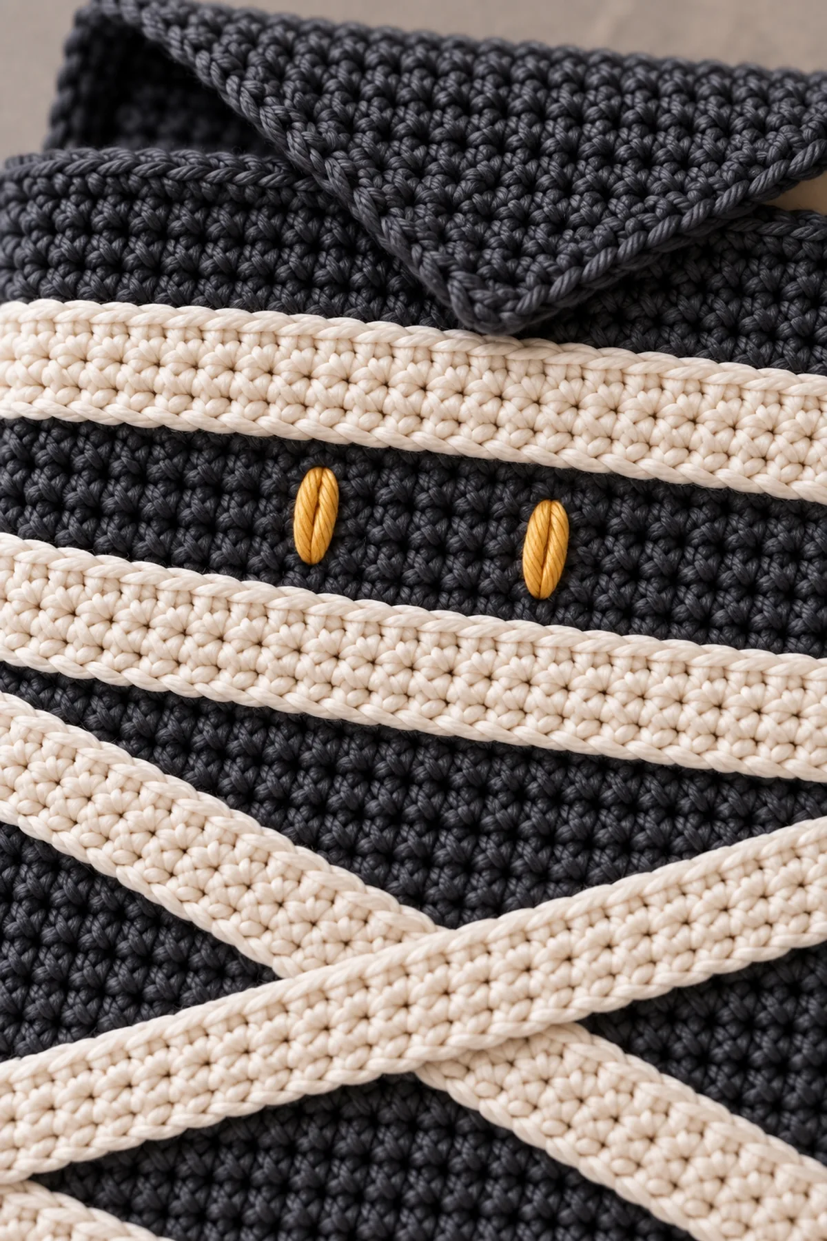 Macro of mummy book sleeve ivory strip edge sewn flat to charcoal dense crochet; two tiny gold embroidered eye bars visible in dark window between the two top horizontal strips, no plastic eyes